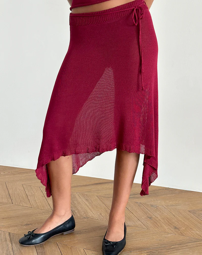 Leysa Midi Skirt in Sheer Knit Red - Awmao