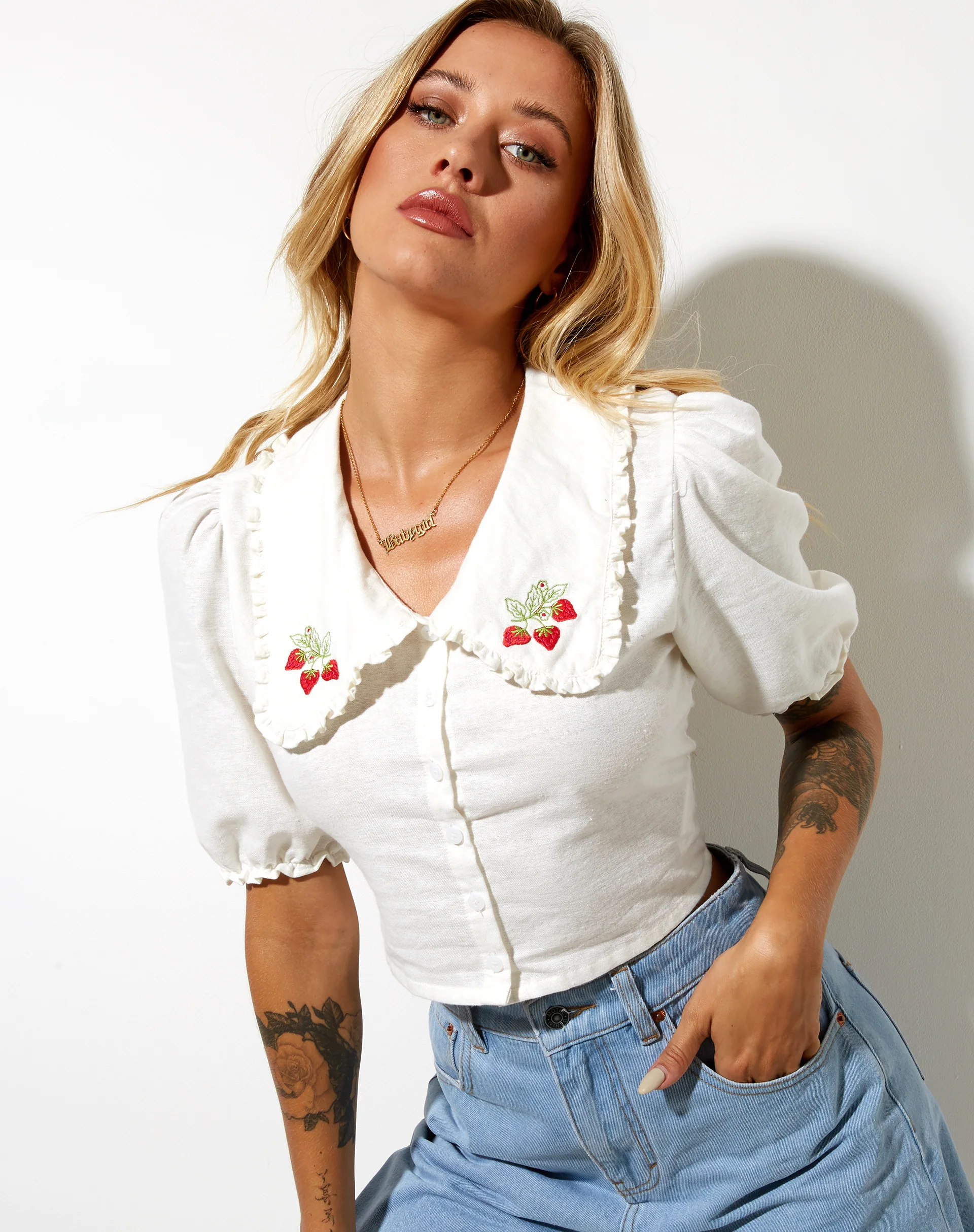 Tucci Top in White Strawberry Embro - Awmao