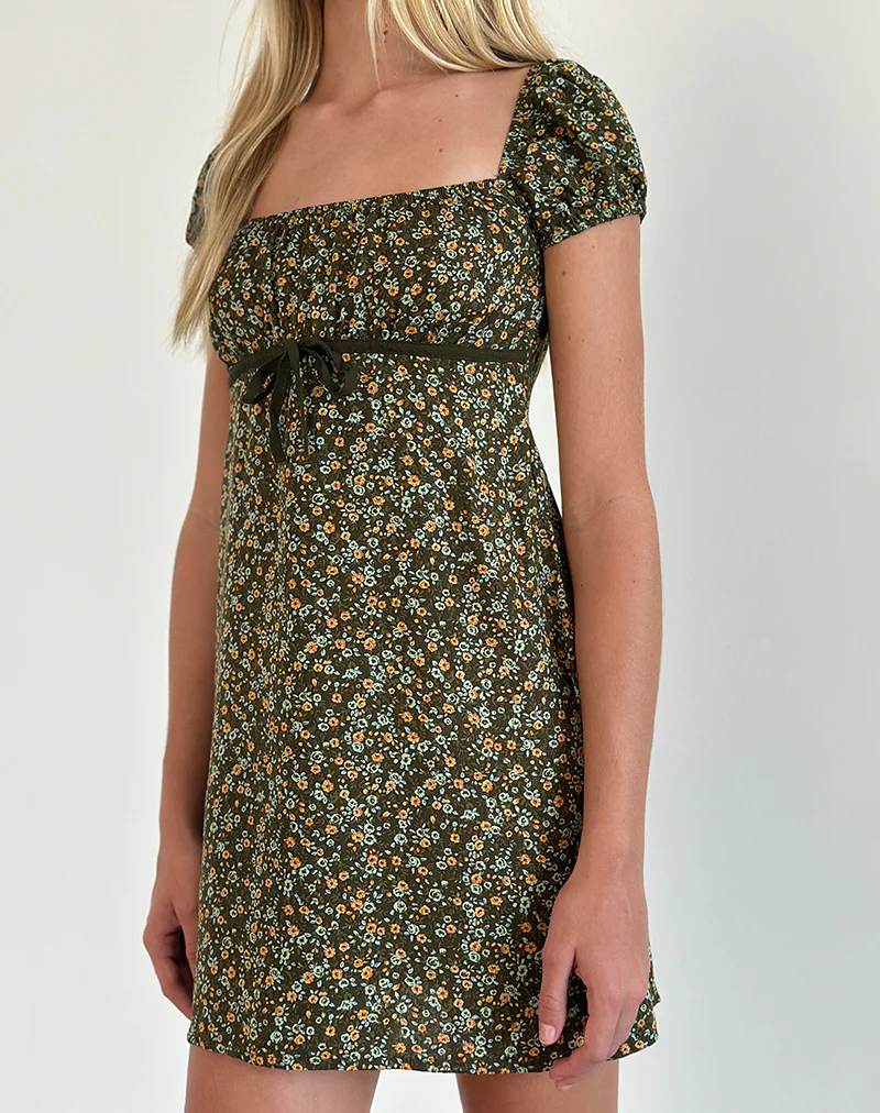 Savio Mini Dress in Grunge Floral Khaki - Awmao