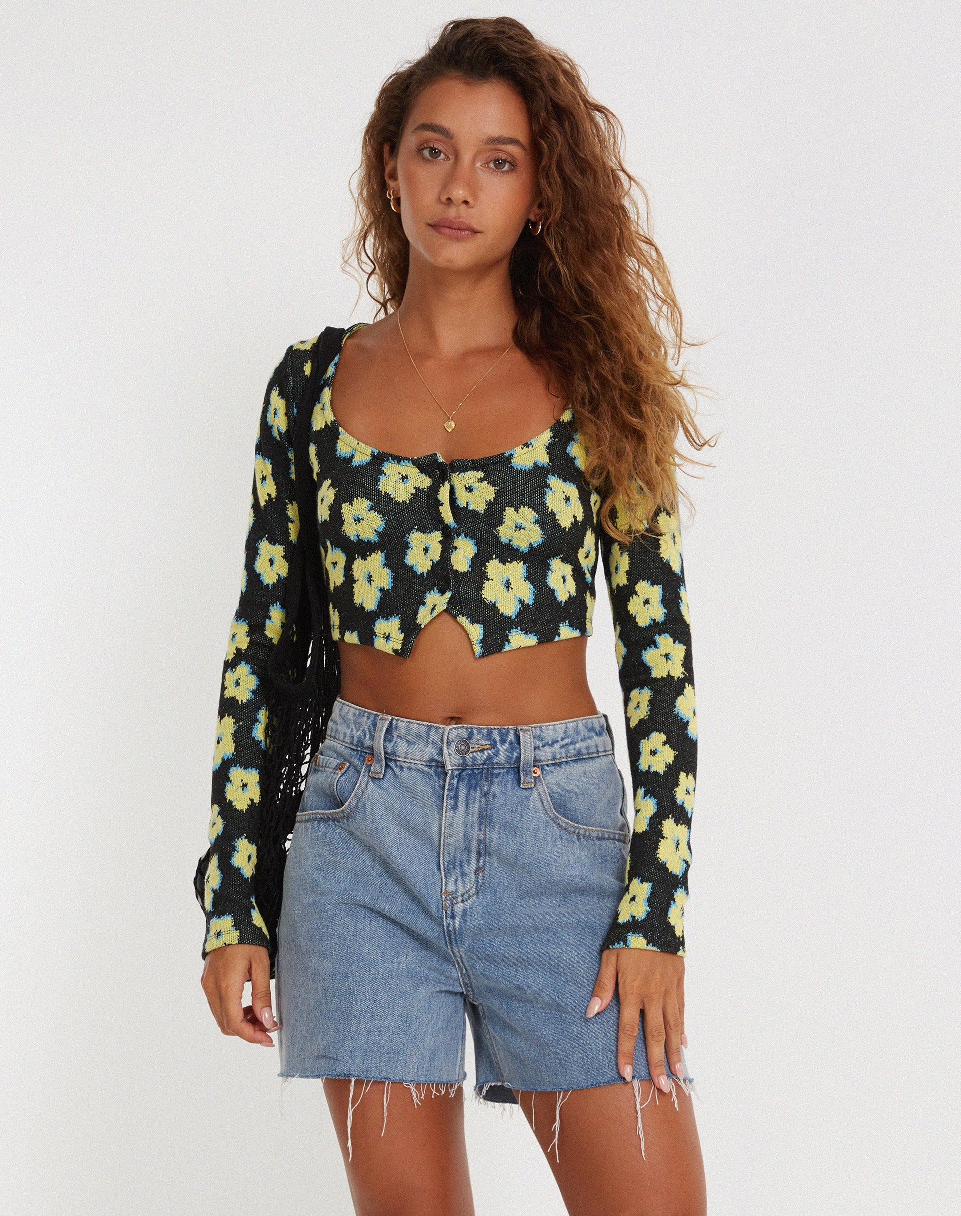 Faline Crop Top in Cute Floral Black and Yellow - Awmao