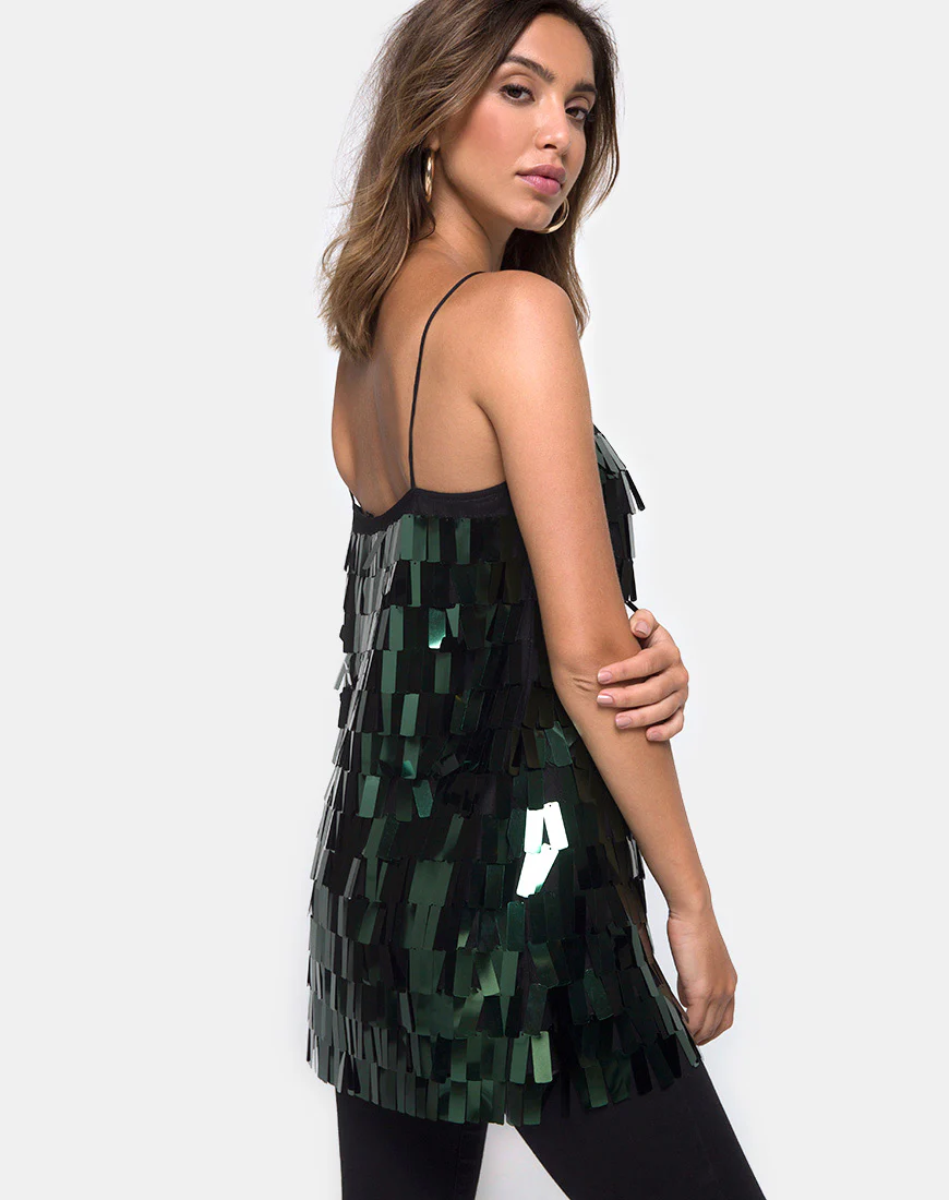 Keke Long Top in Dangle Sequin Forest Green - Awmao