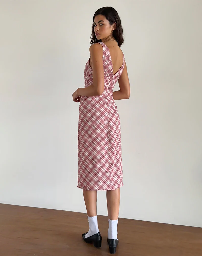 Liva Midi Dress in Pink Tartan - Awmao