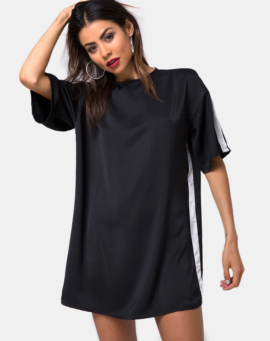 Dore T-Shirt Dress in Black with Ivory Stripe - Awmao