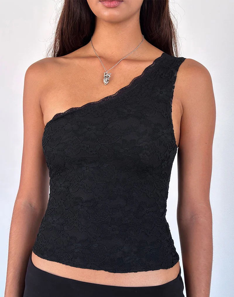 Moira One Shoulder Lace Top in Black - Awmao