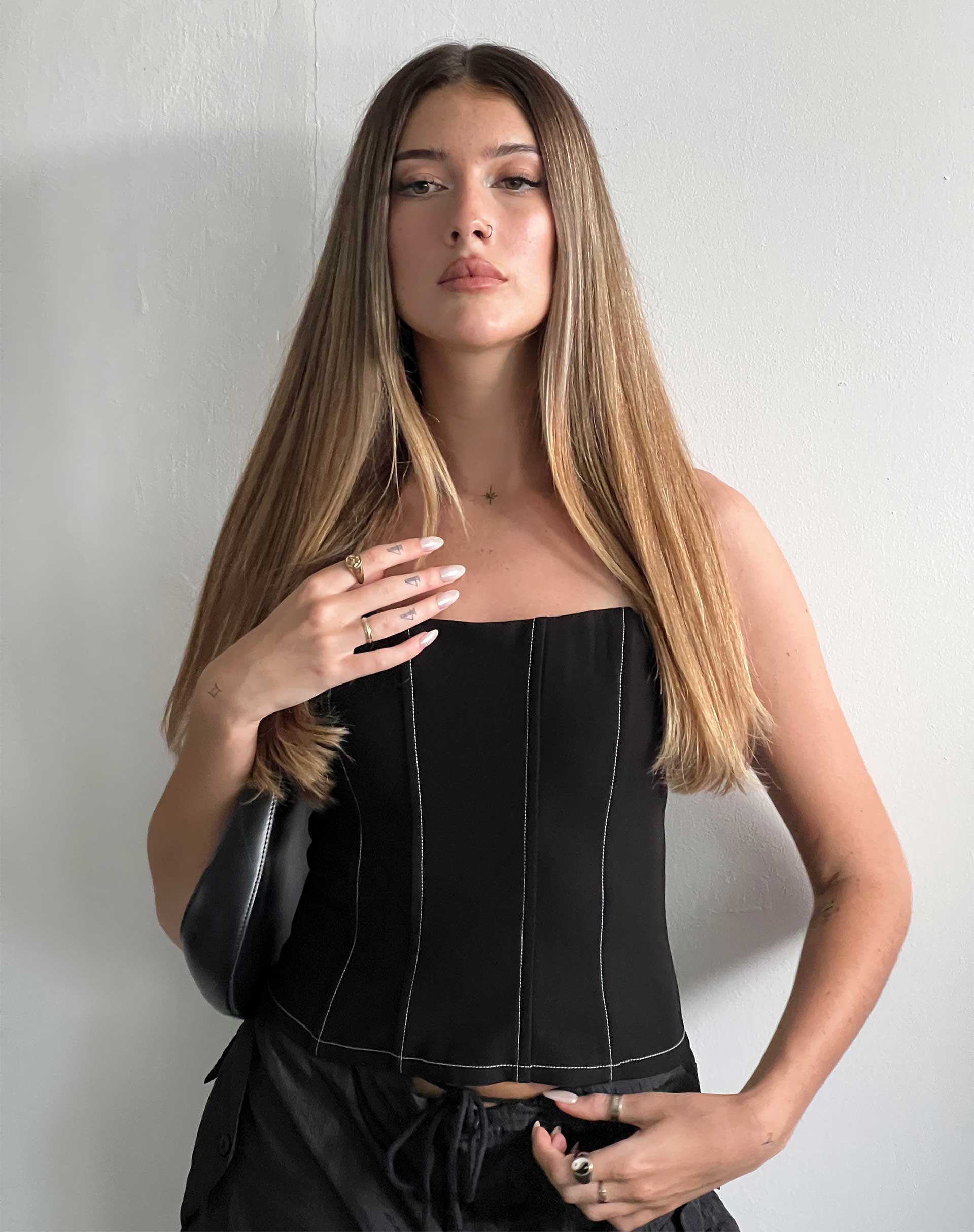 Kyana Corset Top in Black with White Stitch - Awmao