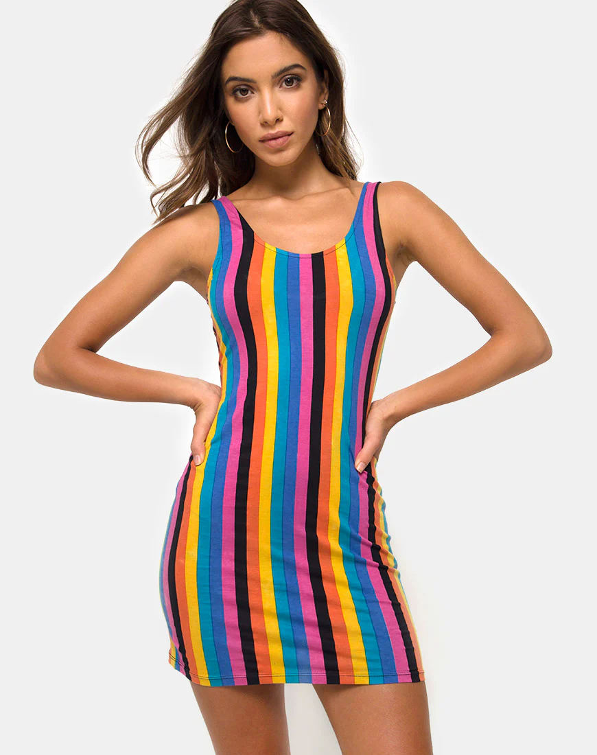 Uniper Bodycon Dress in New Vertical Mixed Stripe - Awmao