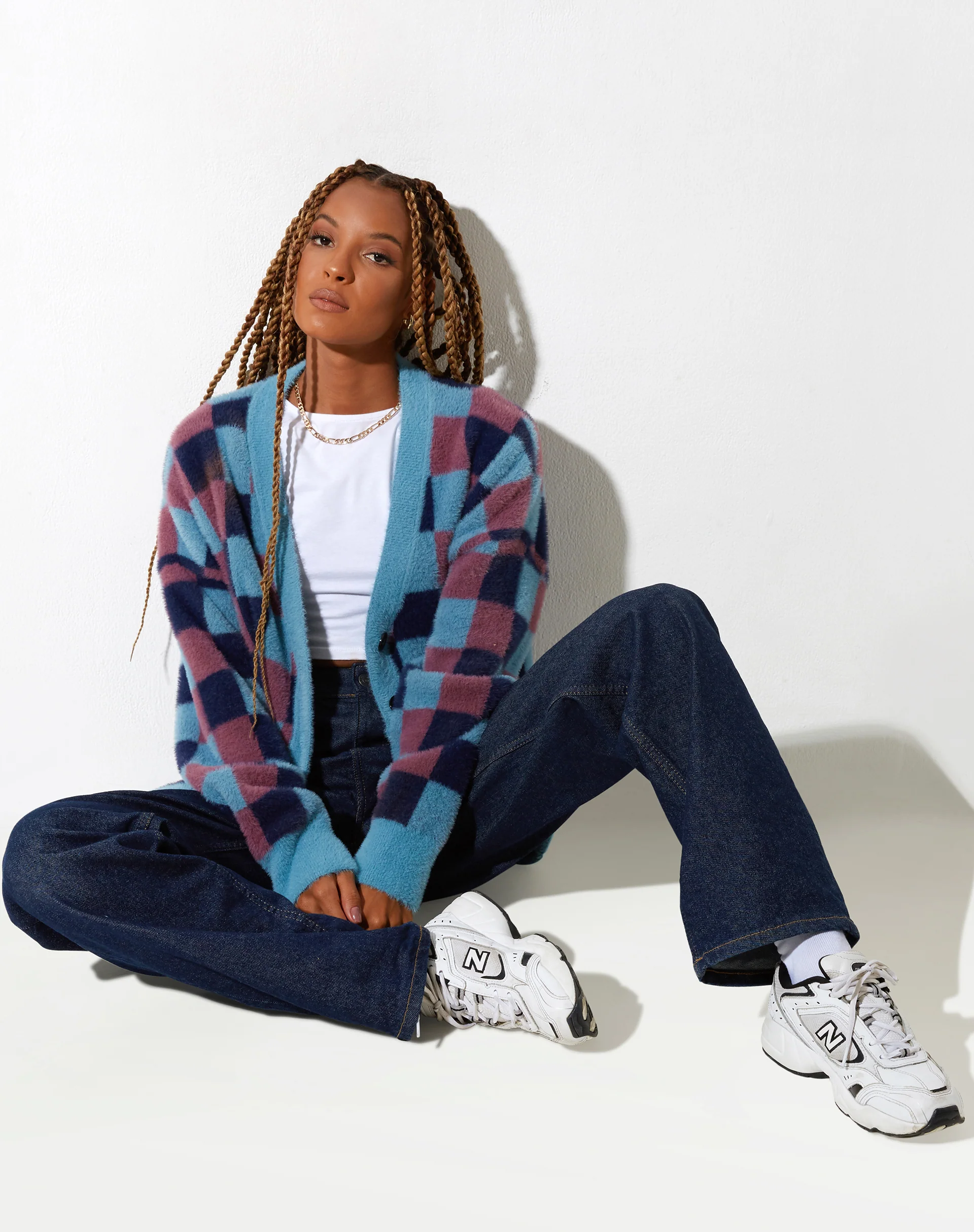 Talana Cardi in Check Blue Tones - Awmao