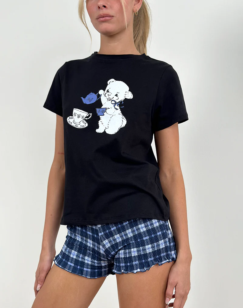 Saki Tee in Black With Tea Time Print - Awmao