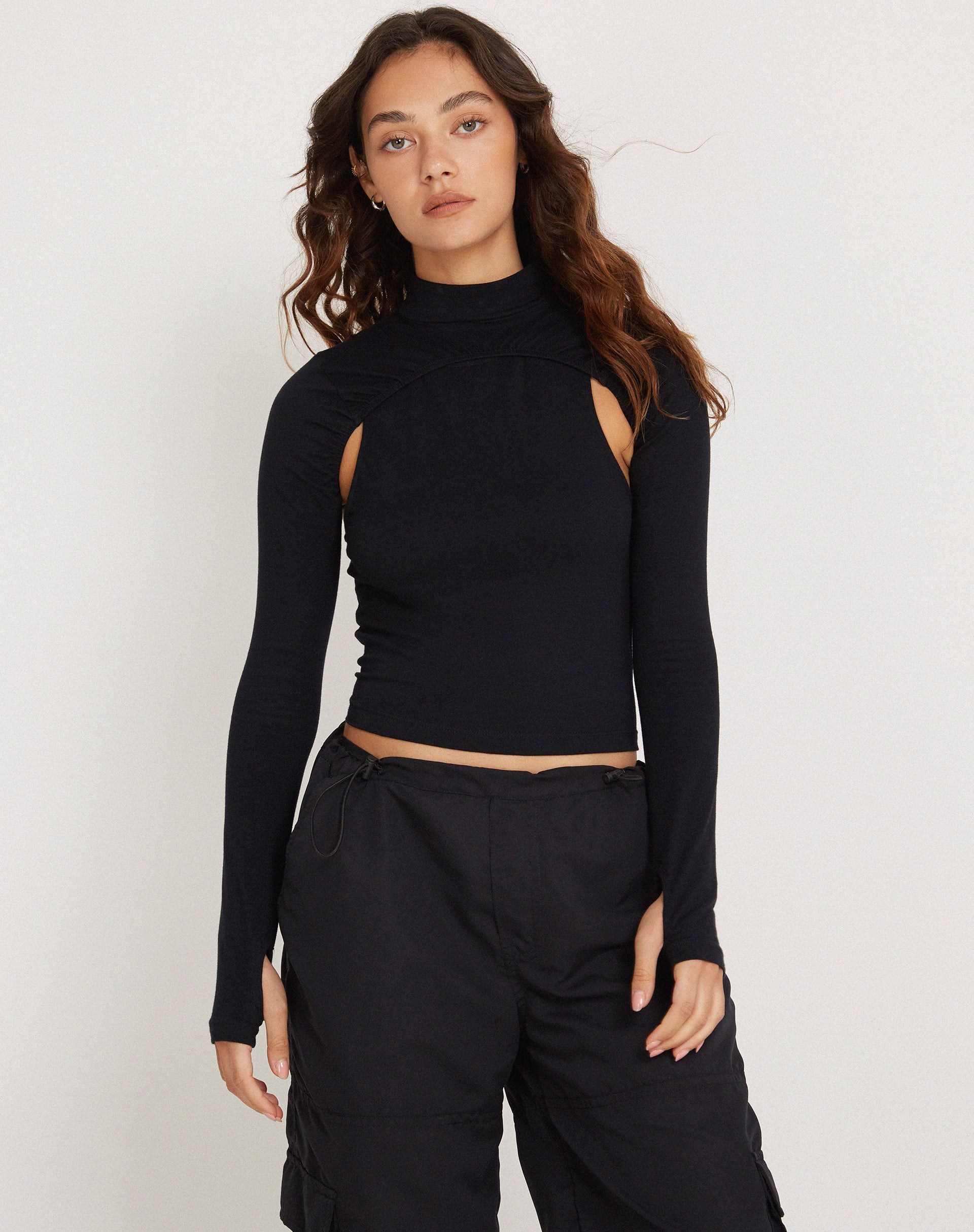 Bandi Long Sleeve High Neck Cut Out Top in Black - Awmao