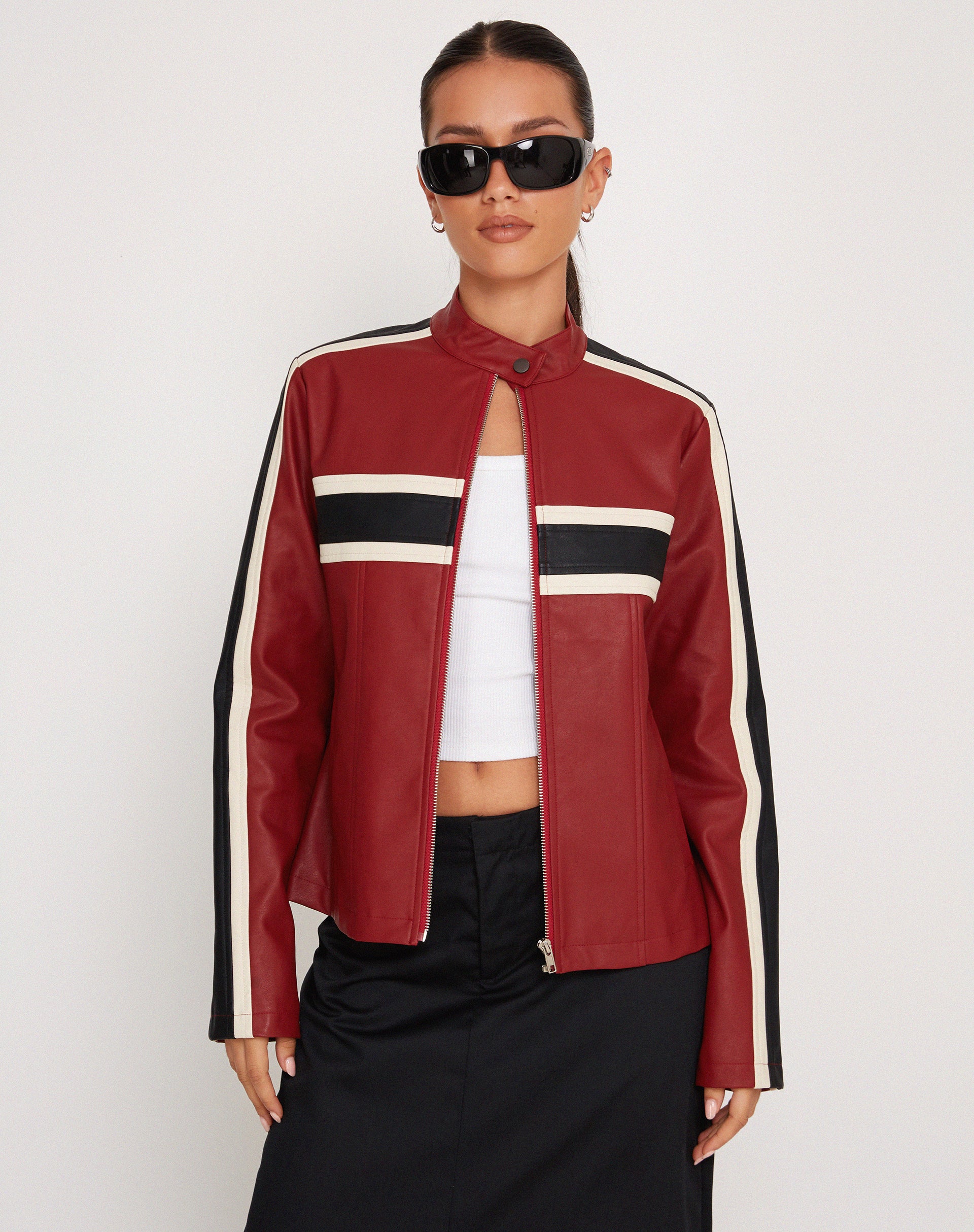 Oliver Zip Up Jacket in PU Red with Ecru Stripe - Awmao