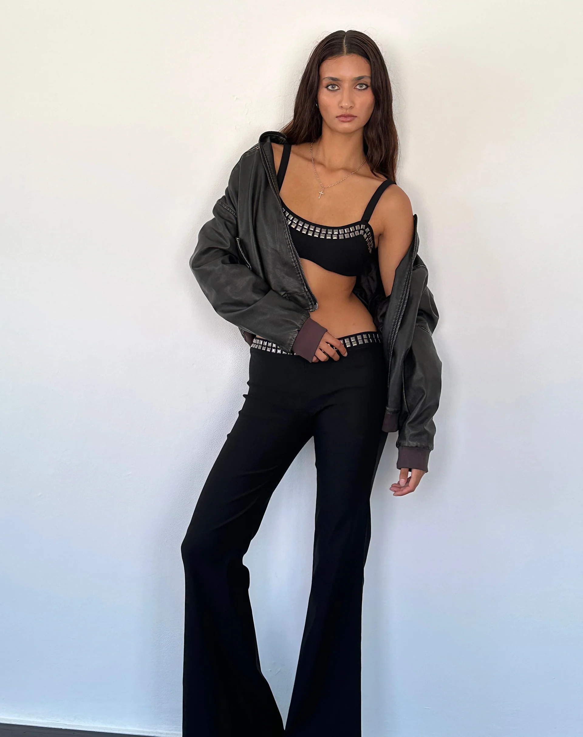 Macias Studded Flared Trousers in Black Tailoring - Awmao