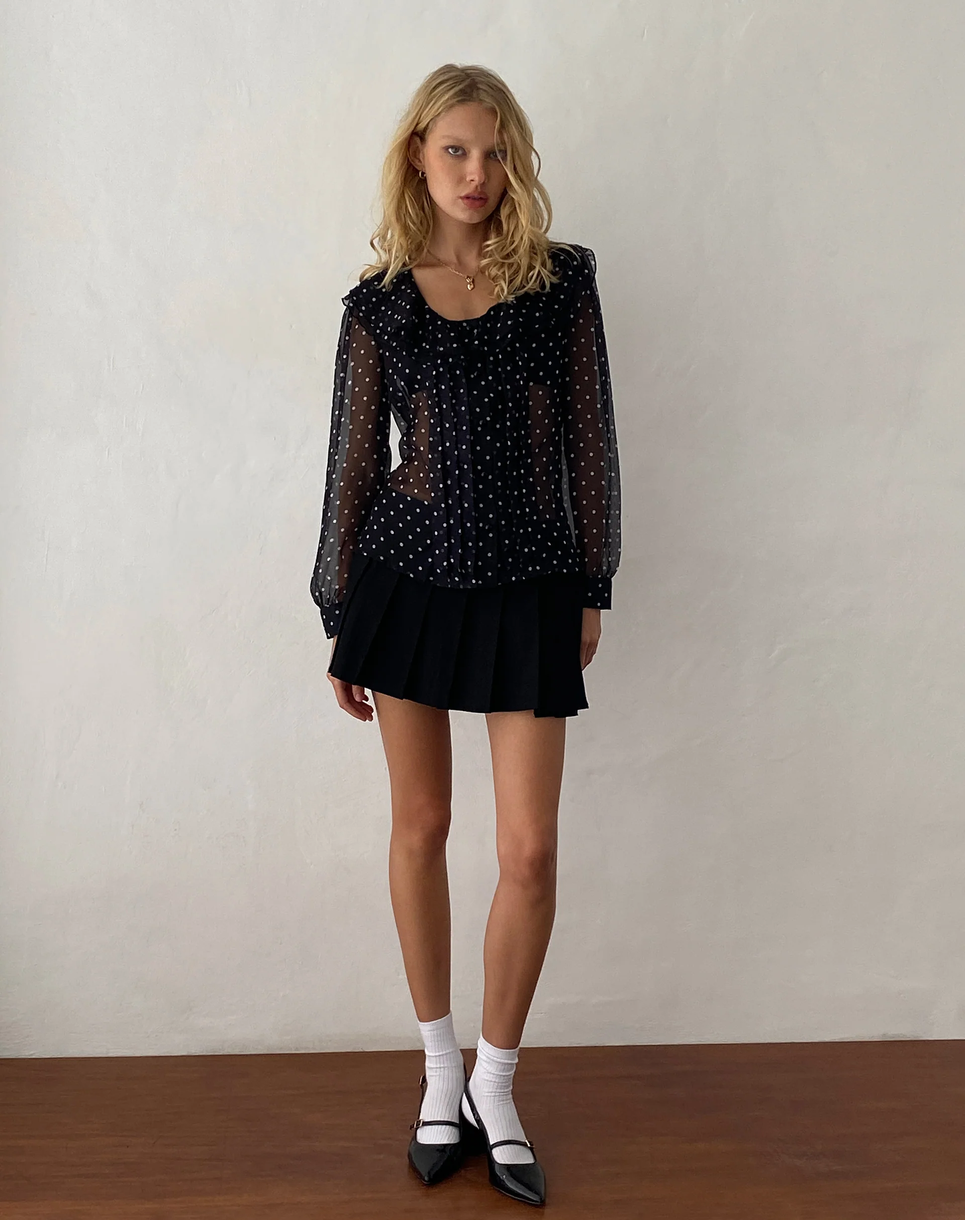 Zinnia Blouse in Polka Black Chiffon - Awmao