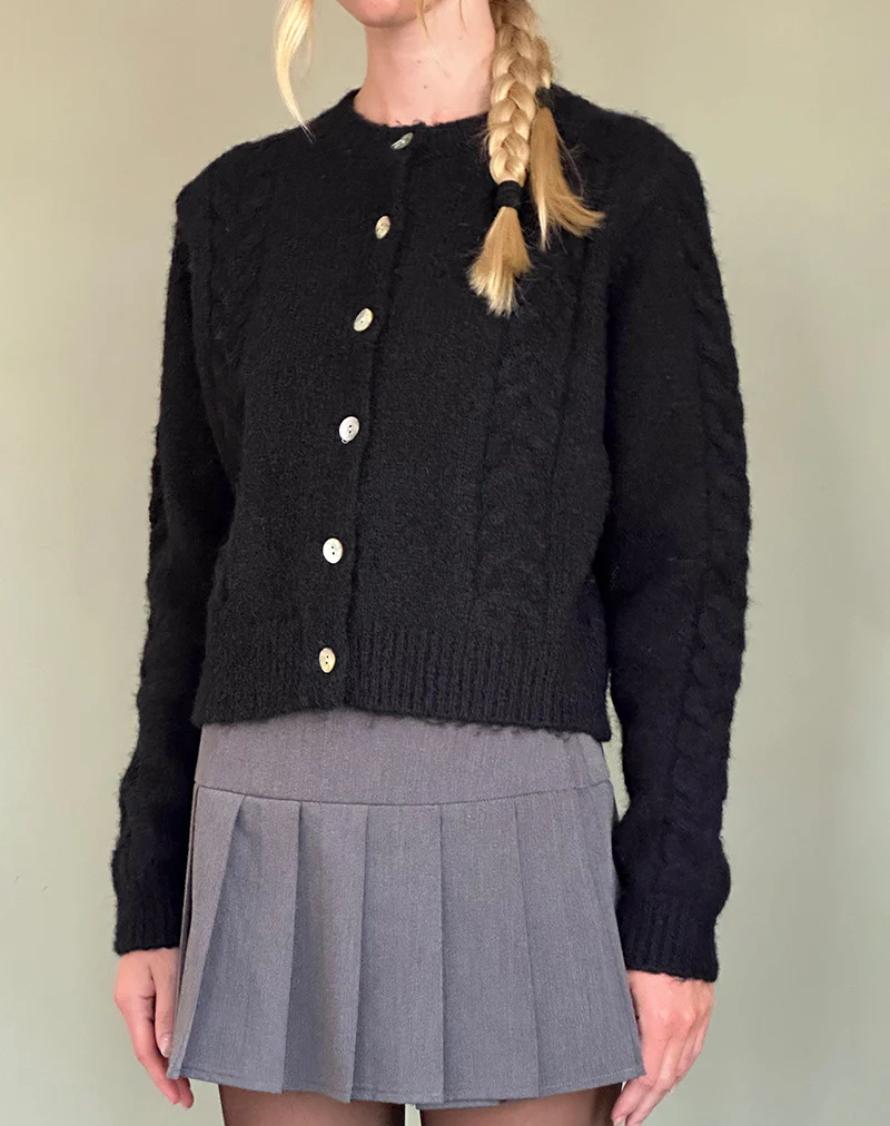 Abelia Cable Knit Cardigan in Black - Awmao