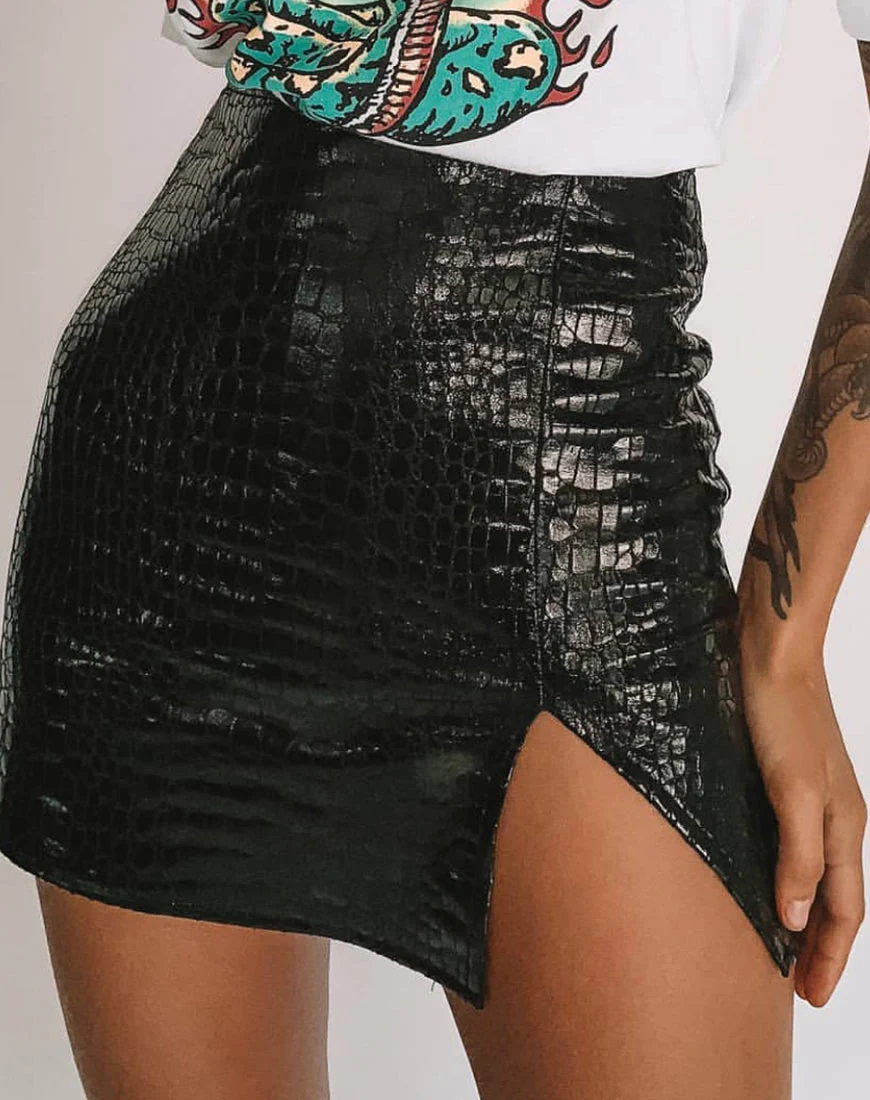 Wren Mini Skirt in PU Croco Black - Awmao