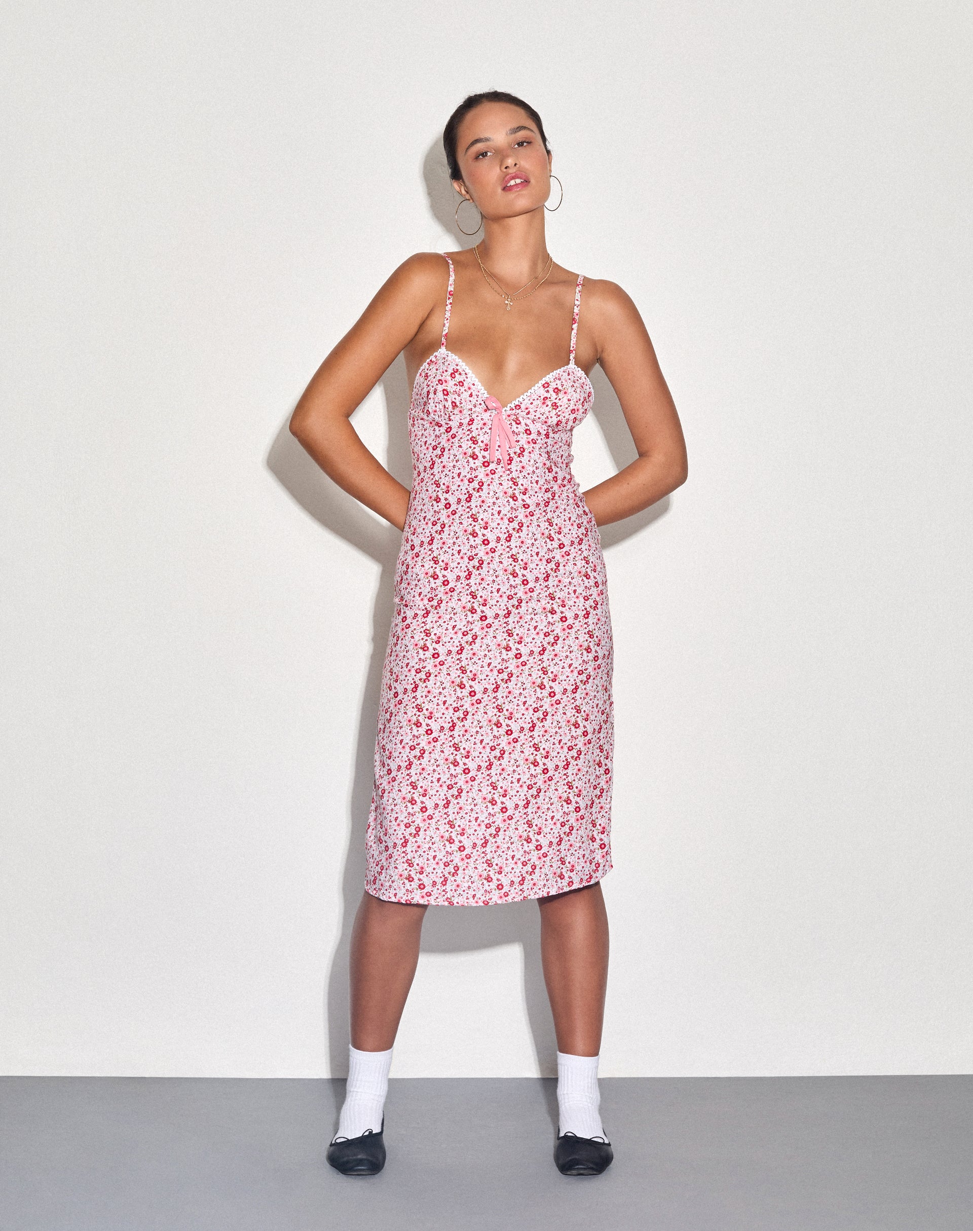 Sharon Midi Dress in Blush Red Ditsy Floral - Awmao