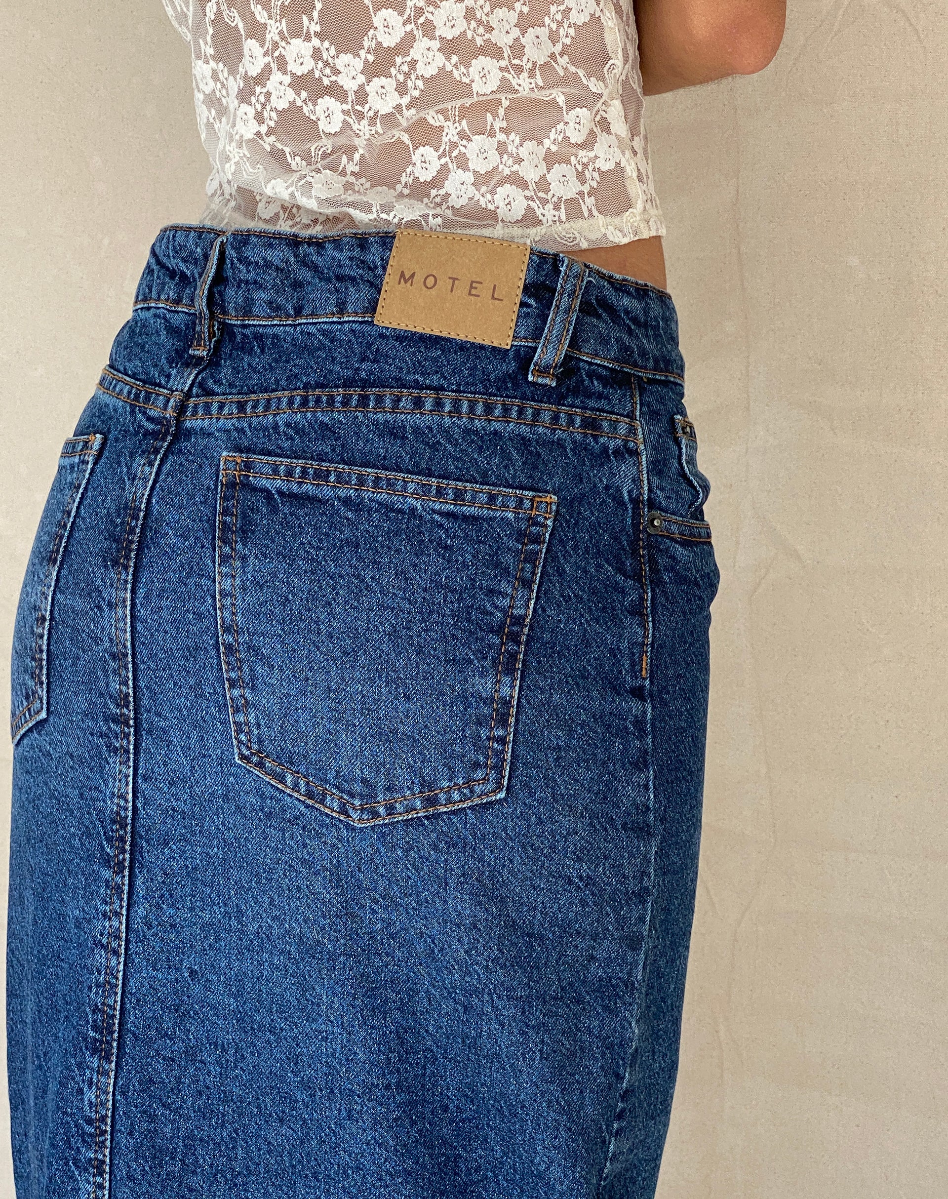 Low Rise Denim Maxi Skirt in Mid Blue Used - Awmao