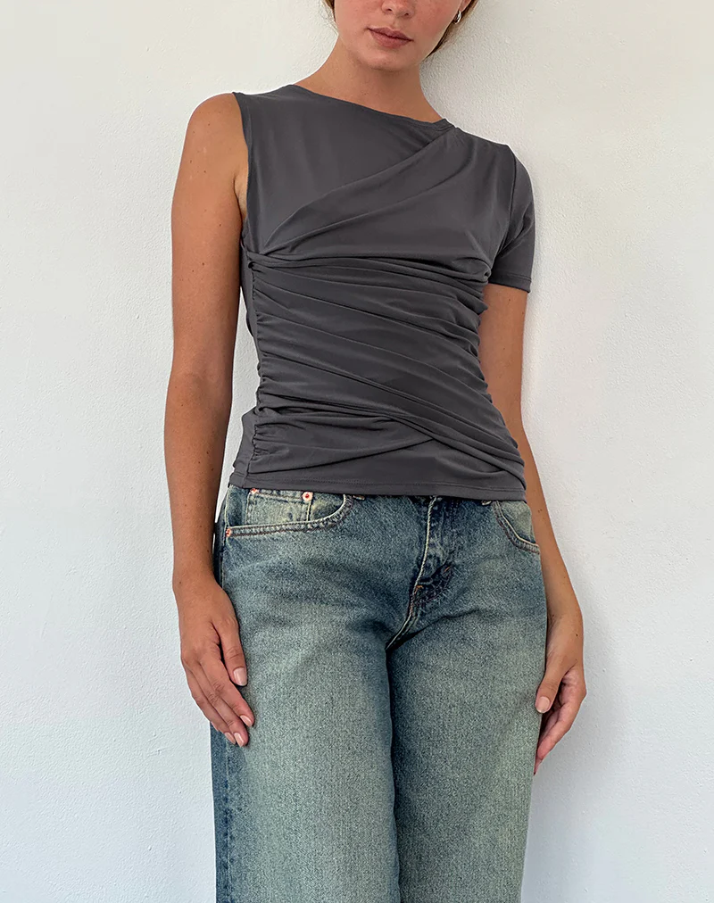 Zera Asymmetric Ruched Top in Grey - Awmao