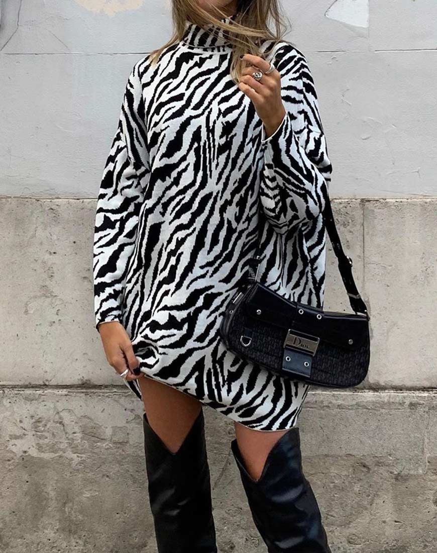 Neivie Jumper Dress in Zebra B/W - Awmao