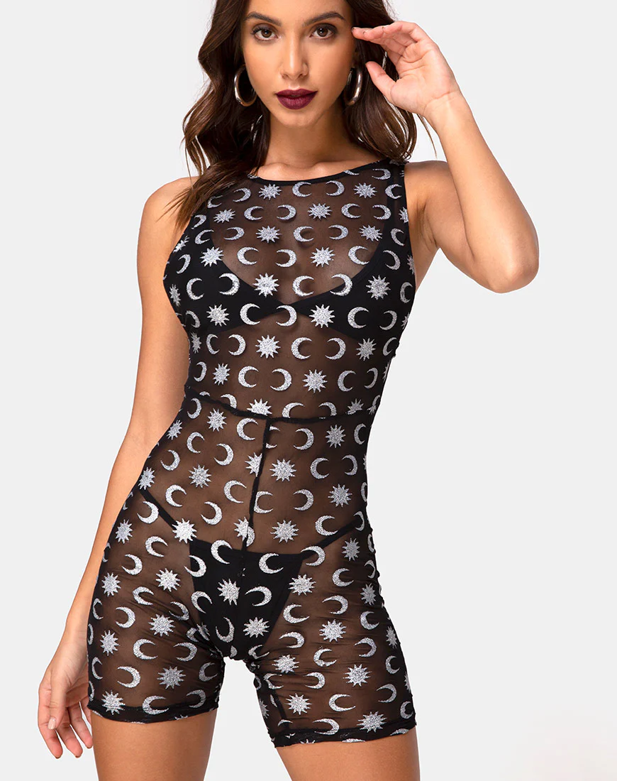 Acro Unitard in Over the Moon Black with Glitter - Awmao