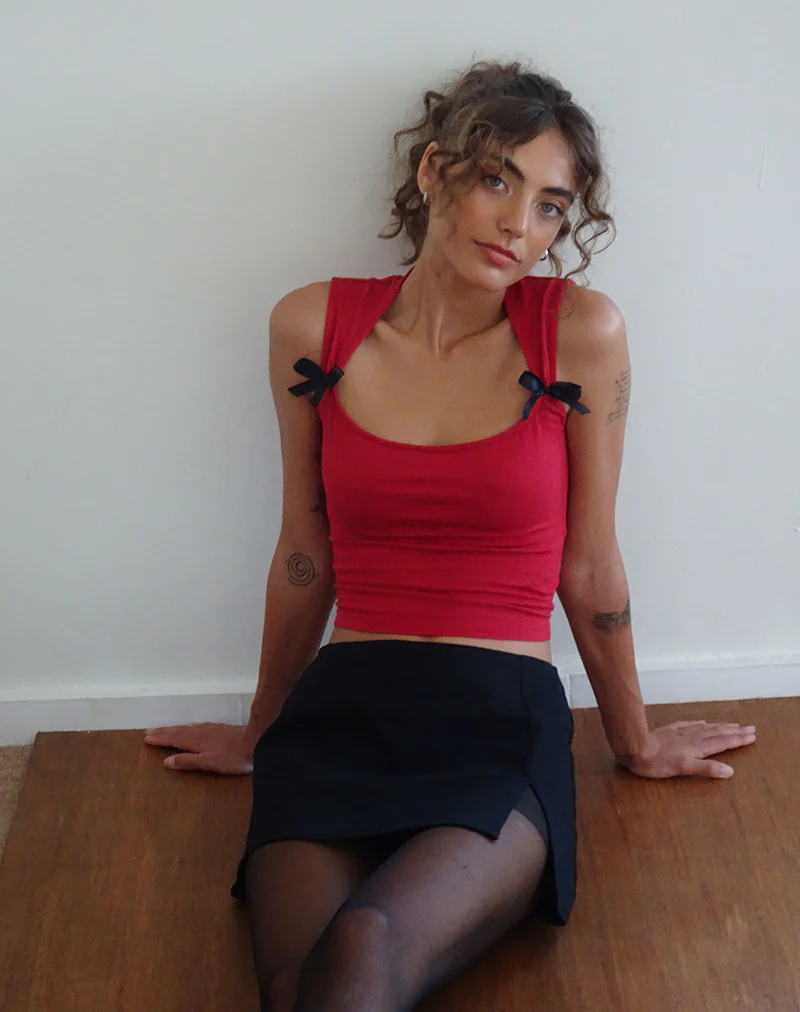 Jiniso Crop Top in Adrenaline Red with Black Bows - Awmao