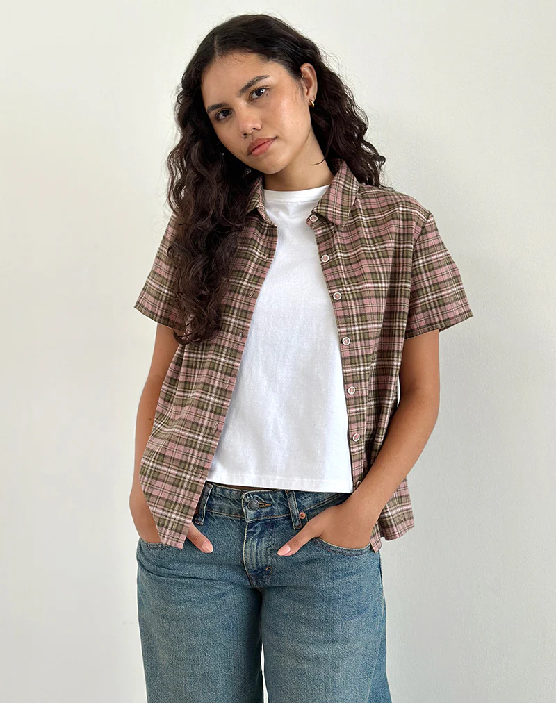 Gosanri Short Sleeve Shirt in Pink and Green Check - Awmao