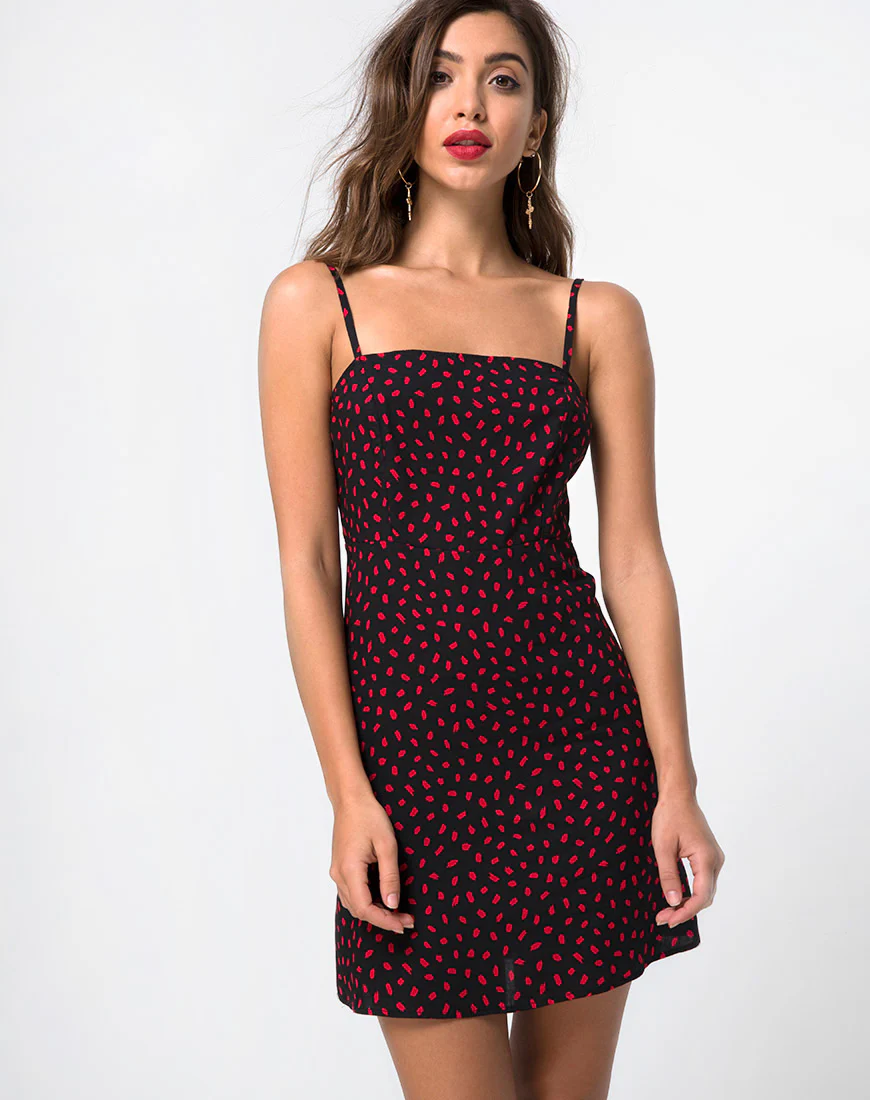 Boyasly Dress in Mini Diana Dot Black Red - Awmao