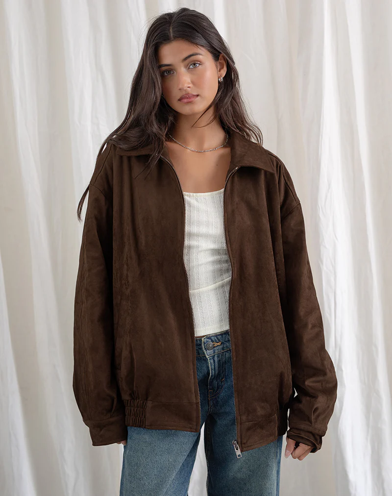 Cavita Jacket in Faux Suede Brown - Awmao