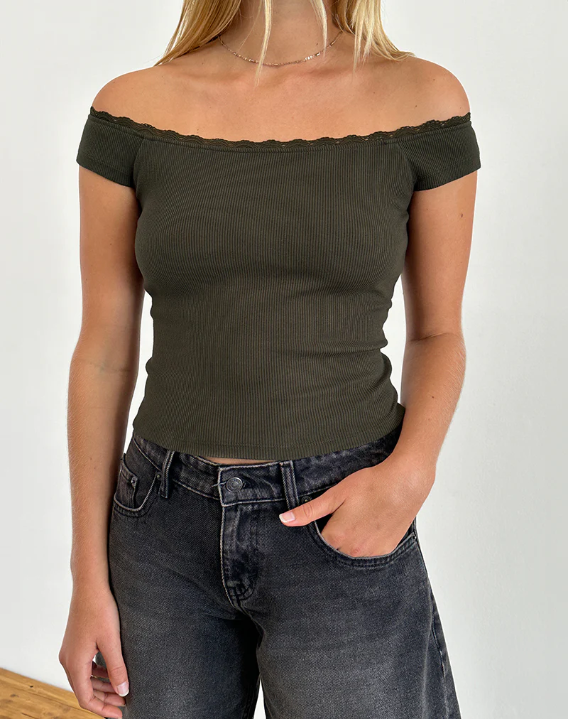 Chacha Top in Olive Rib Lace - Awmao