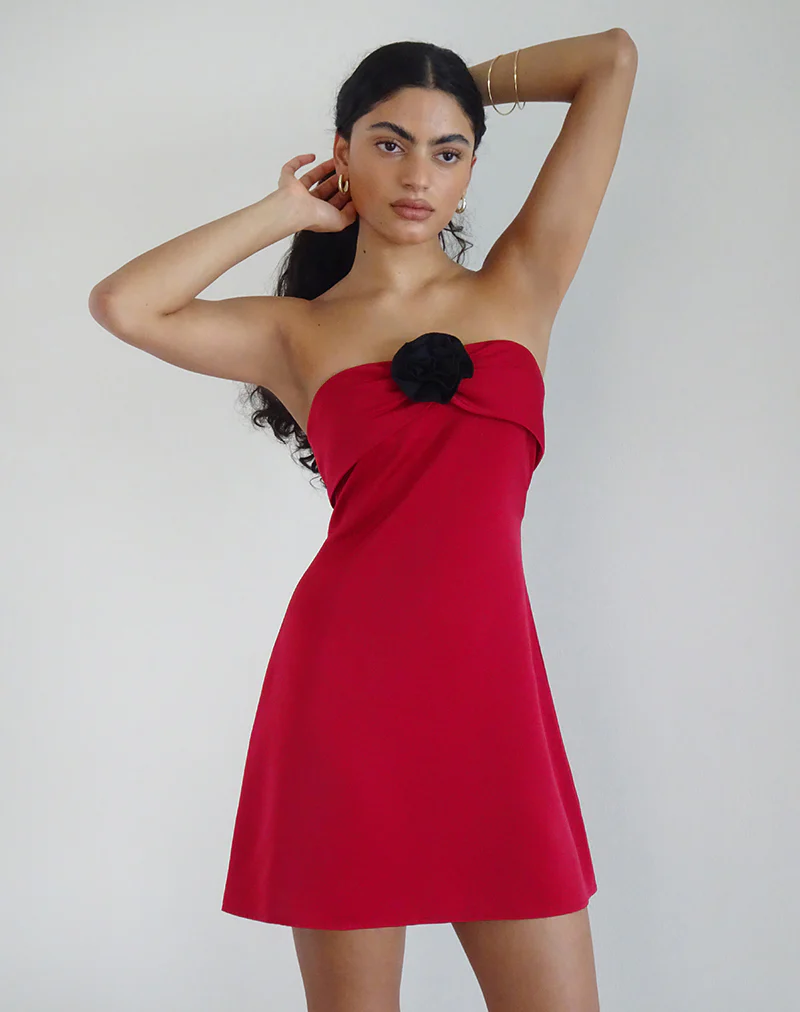 Ninivala Dress in Red with Black Rosette - Awmao