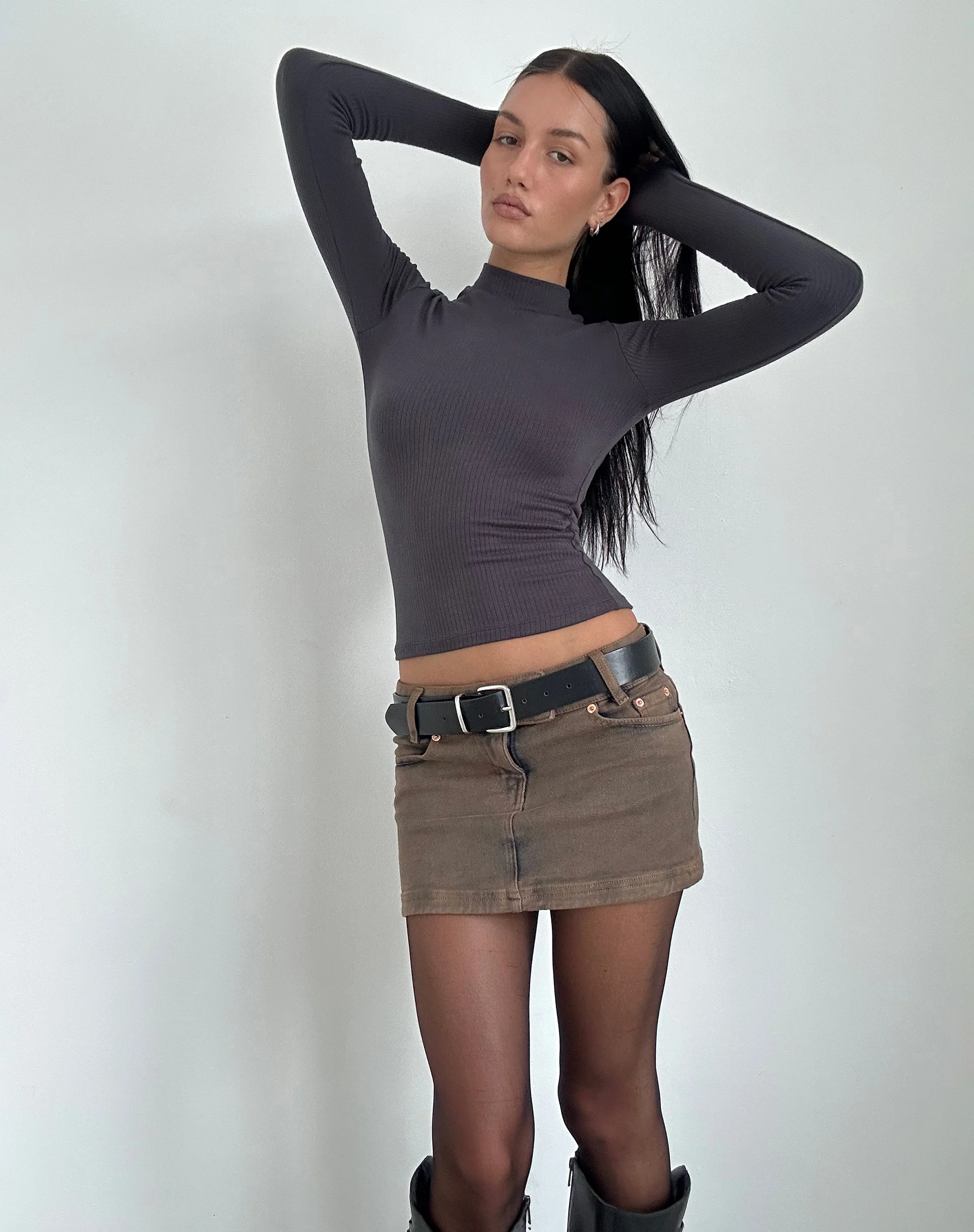 Mabel High Neck Long Sleeve Top in Rib Black Forest - Awmao