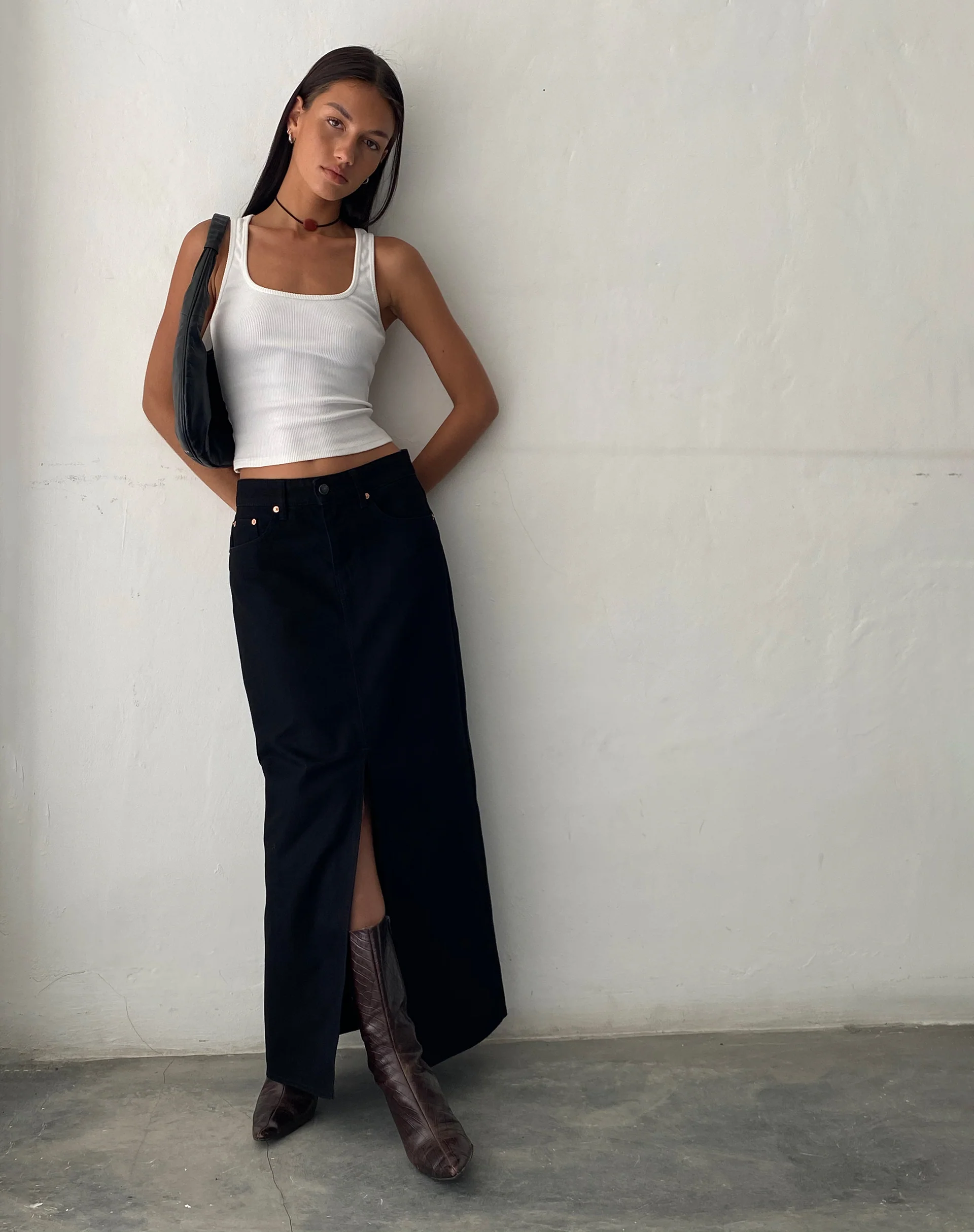 Low Rise Denim Maxi Skirt in Rinse Black - Awmao