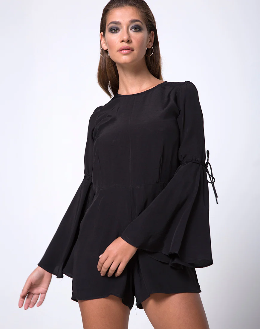 Holila Flute Sleeve Playsuit in Black - Awmao