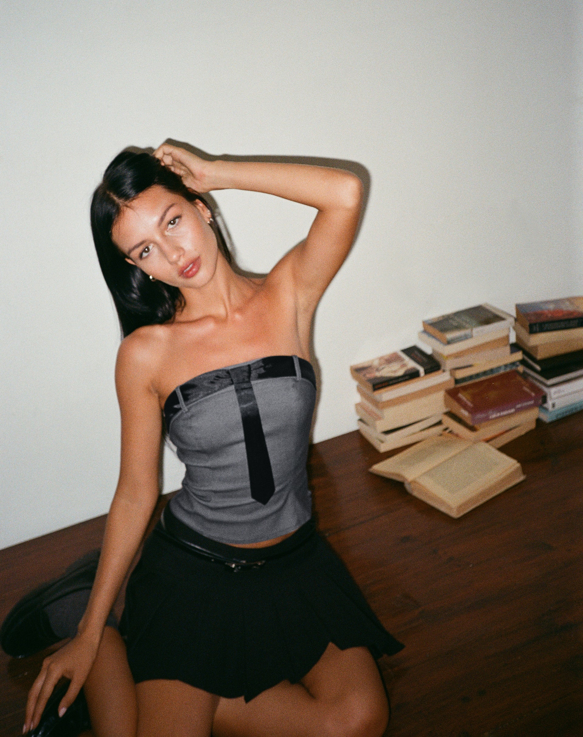 Mabilis Bandeau Top in Satin Neck Tie Grey - Awmao