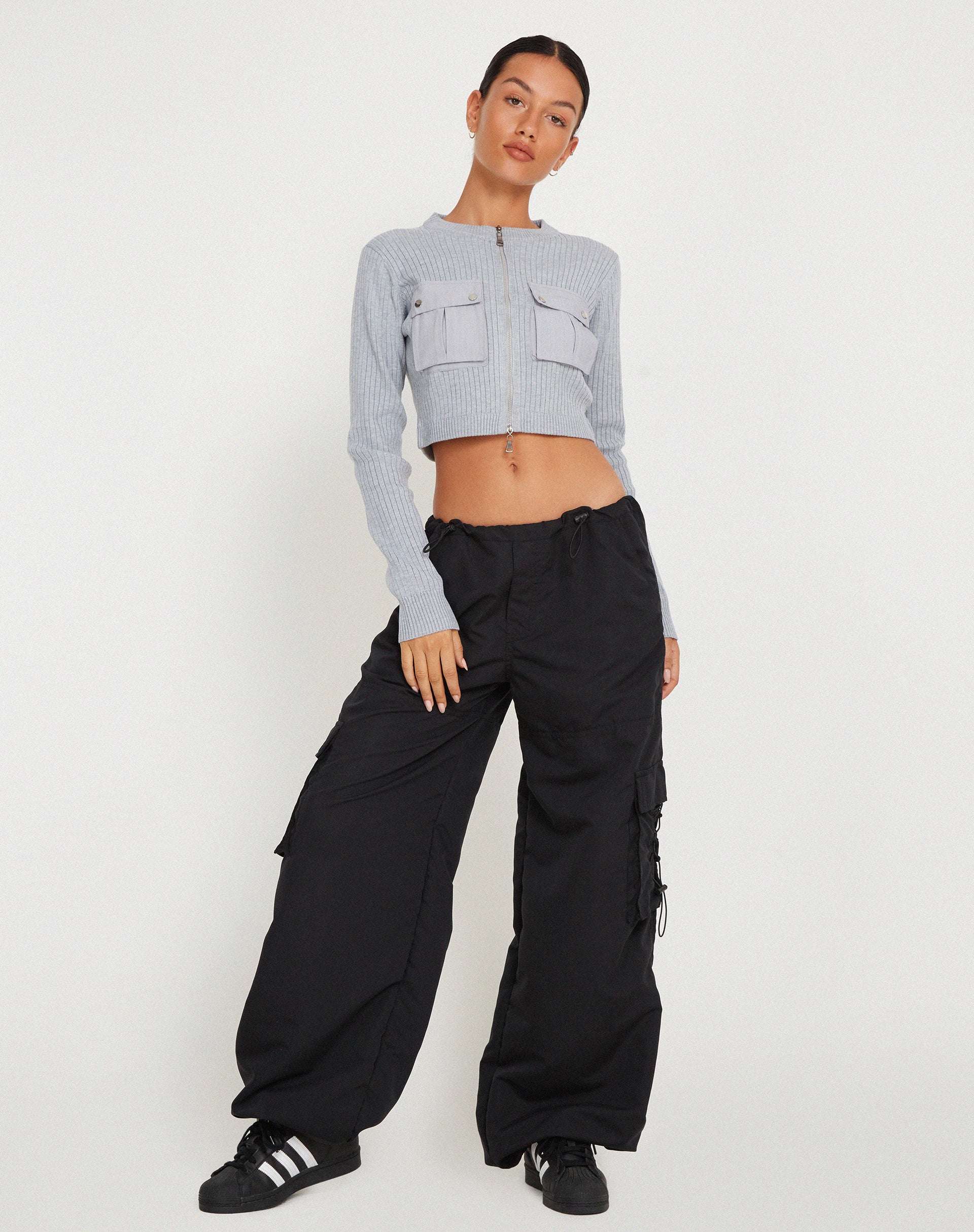 Hamizah Rib Knit Zip Up Cropped Cardigan in Light Grey - Awmao