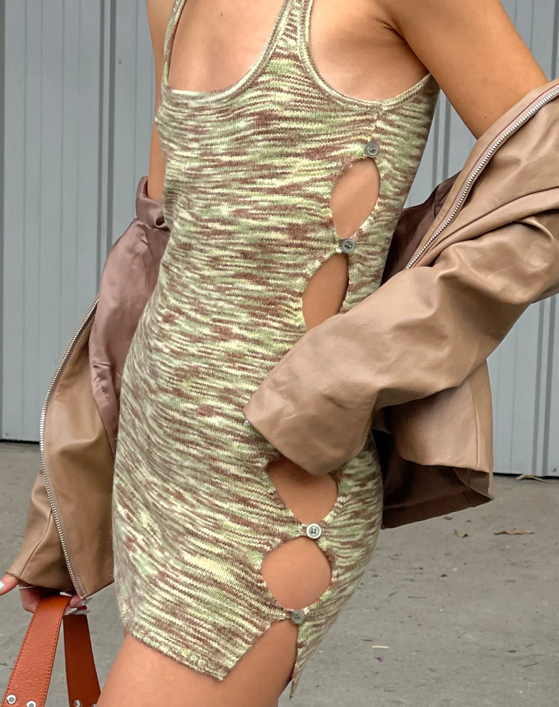 Lukita Mini Dress in Mix Space Dye Khaki - Awmao