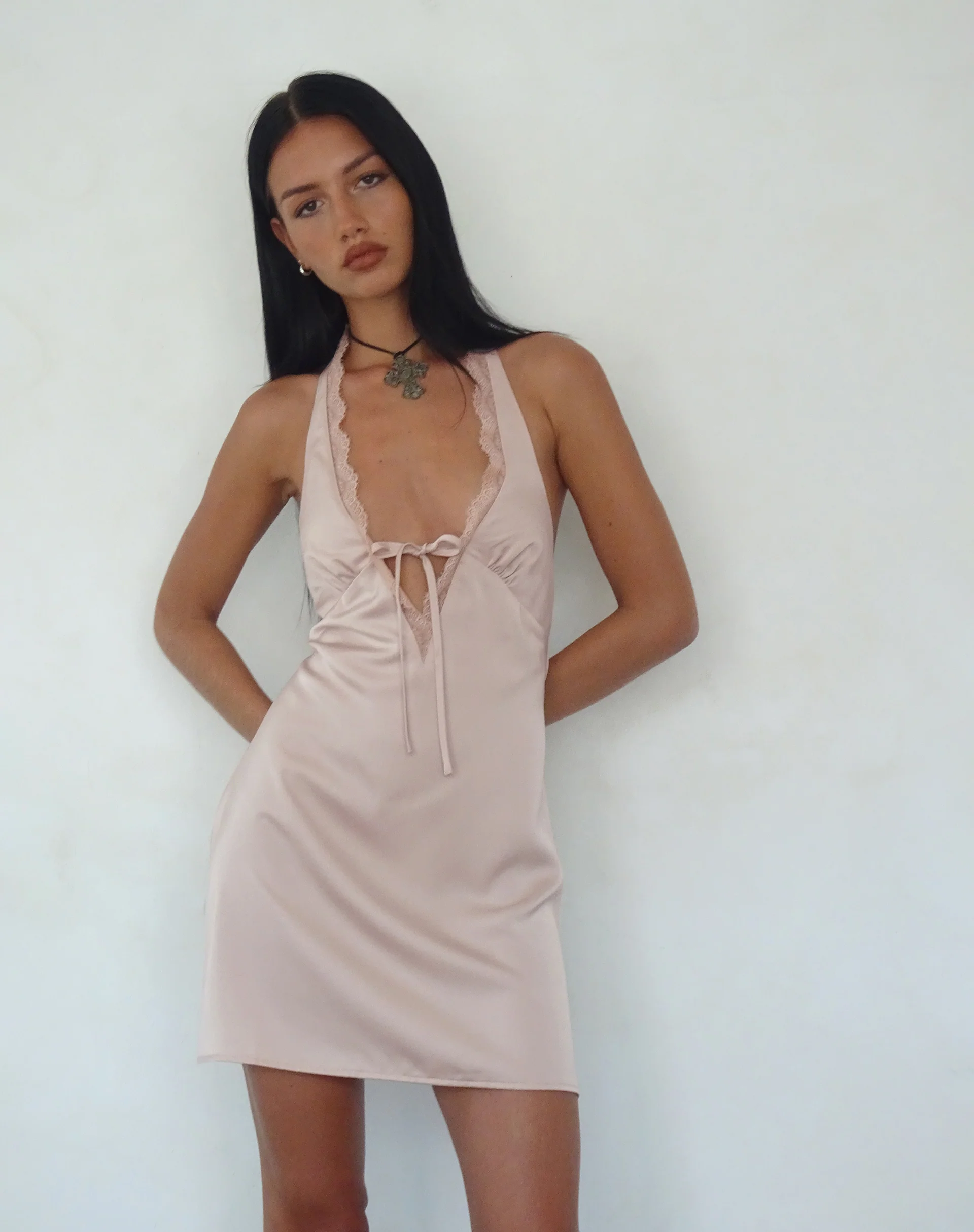 Maruko Halterneck Mini Dress in Satin Champagne - Awmao