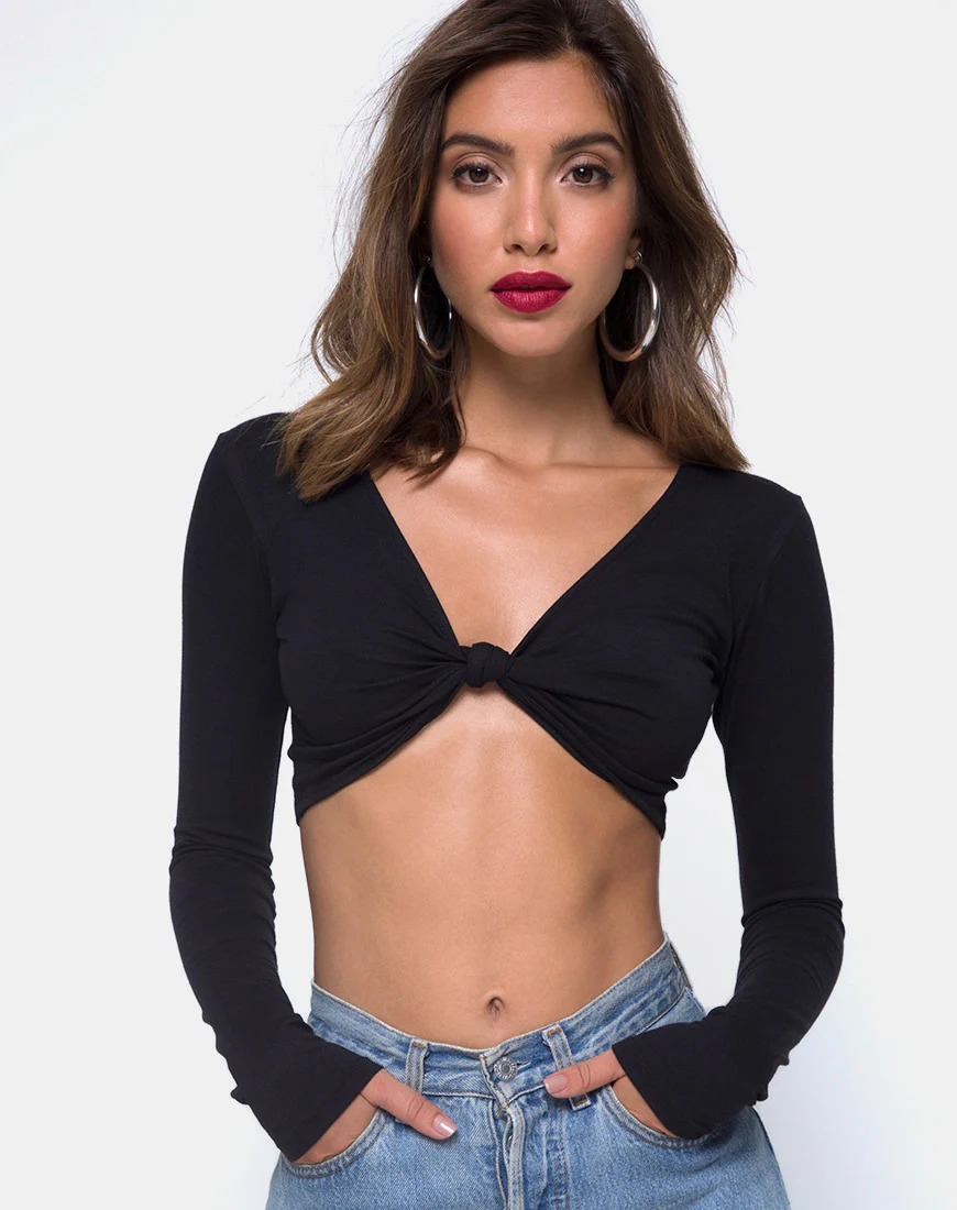Knotie Longsleeve Crop Top in Black - Awmao