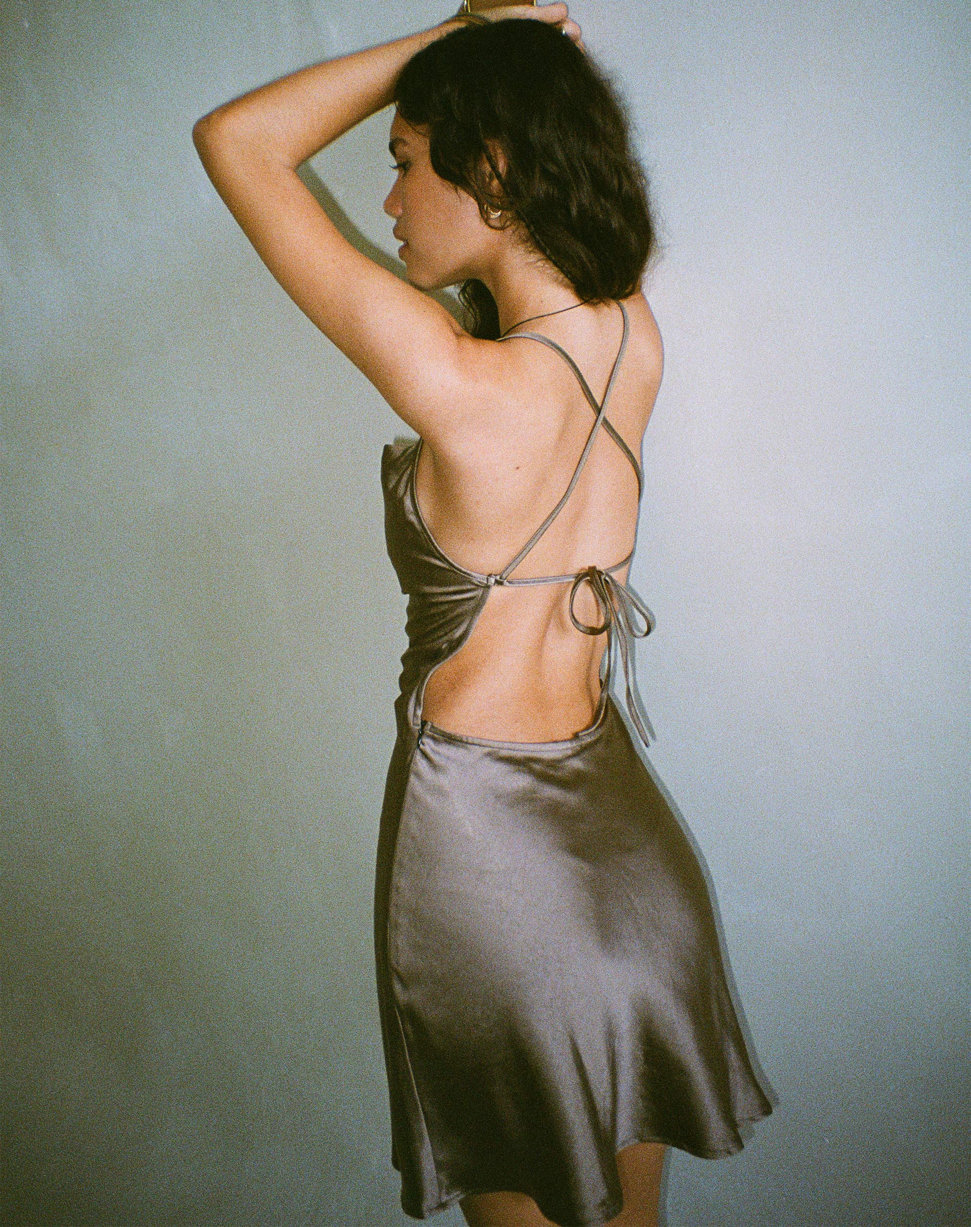 Zenita Mini Dress in Satin Dark Olive - Awmao