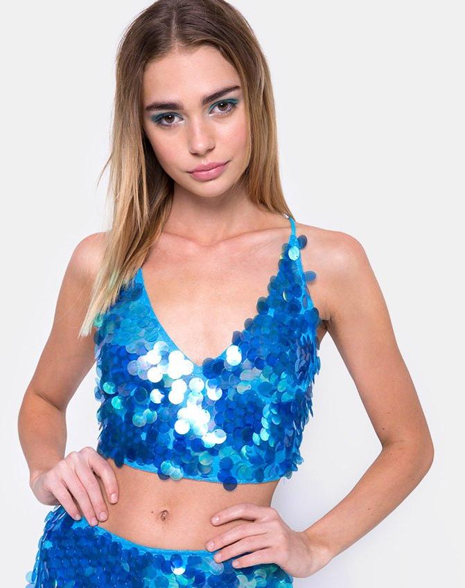 Angel Crop Top in Fishcale Disc Sequin Marine - Awmao