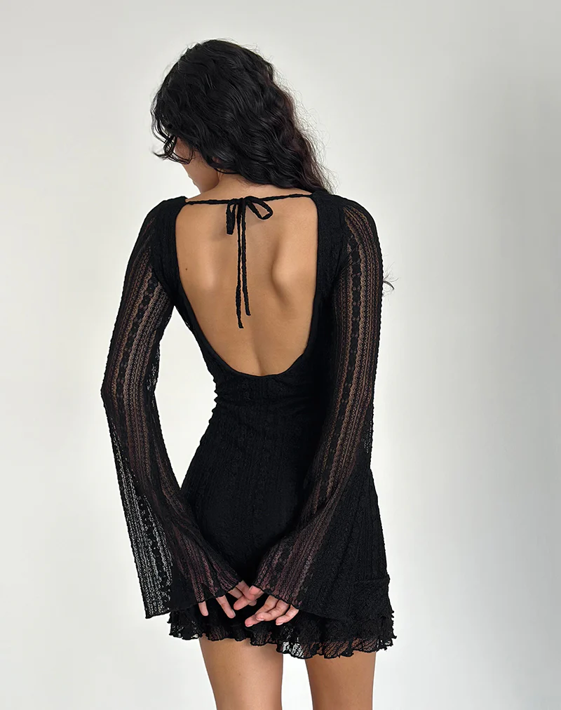 Janawa Backless Mini Dress in Lace Black - Awmao