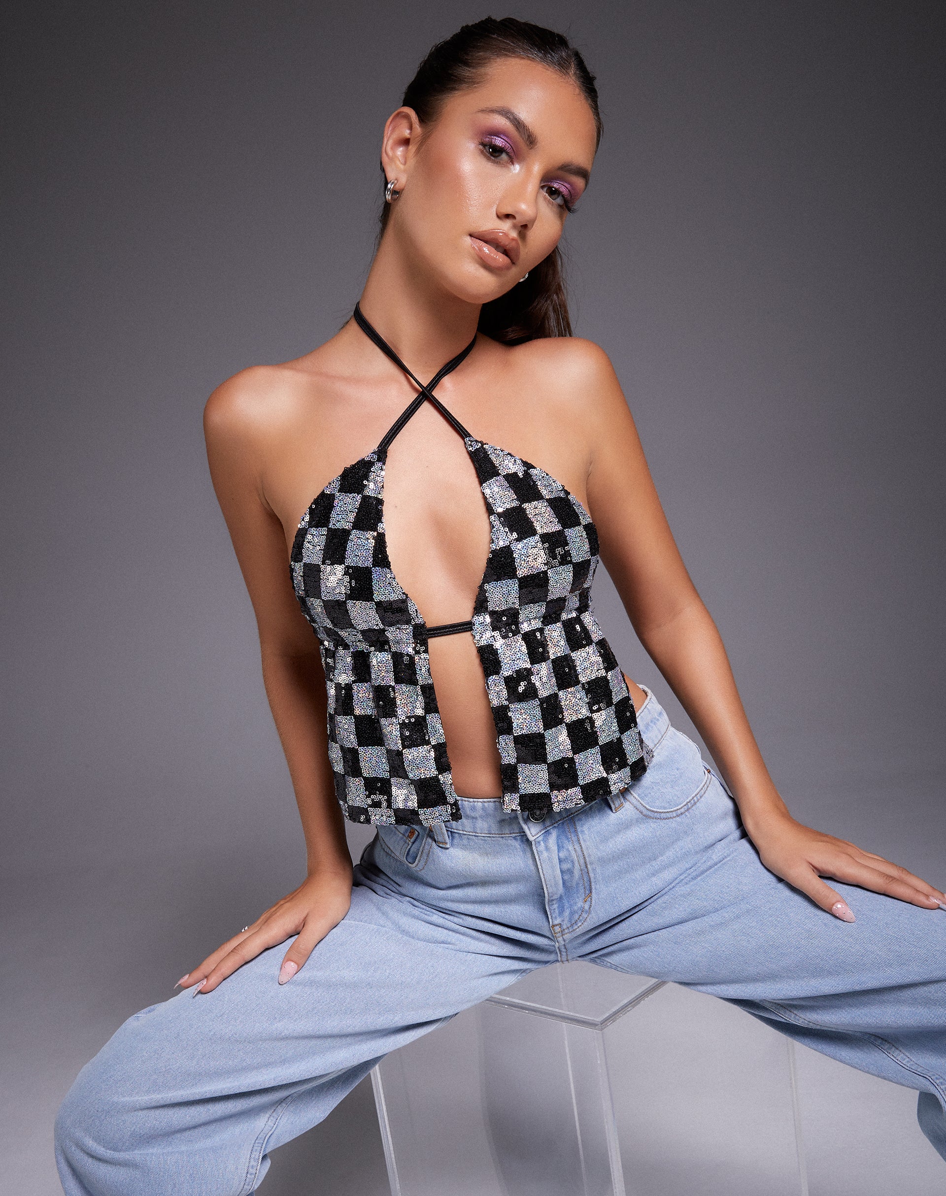 Runita Halter Top in Checkerboard Sequin Black and Silver - Awmao
