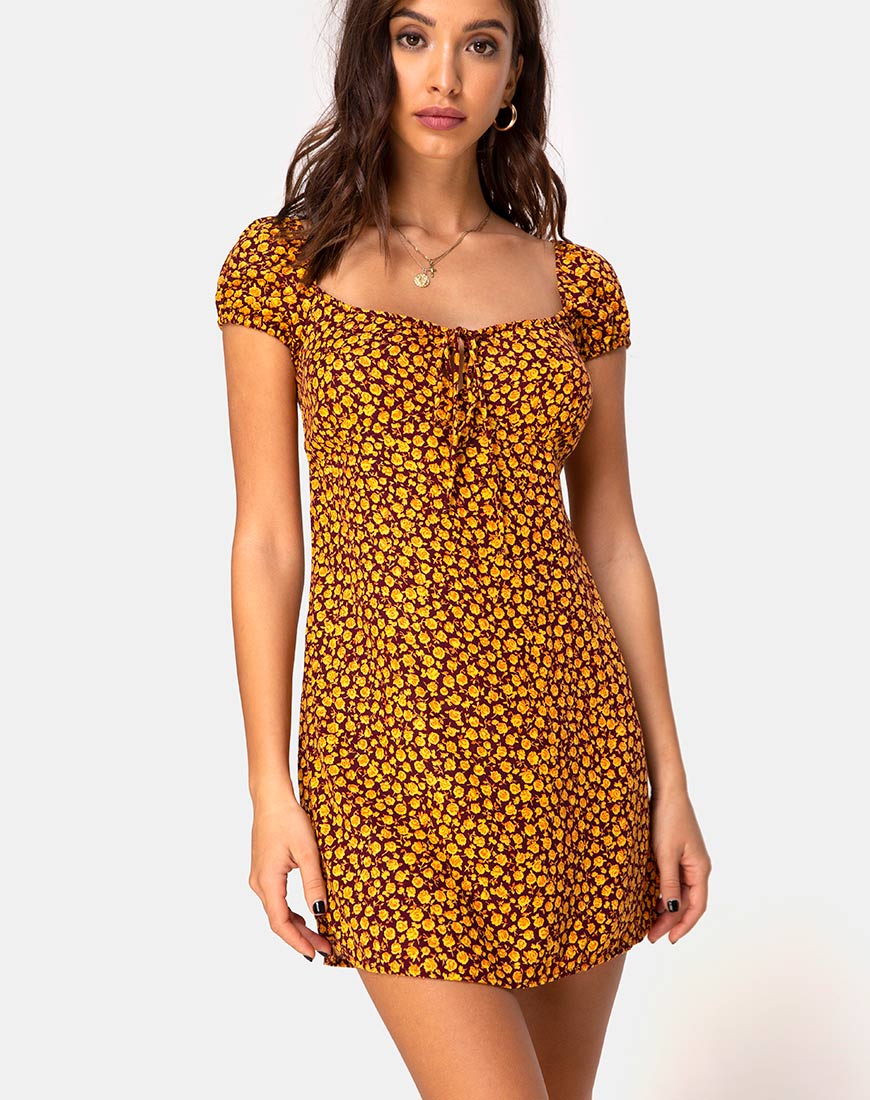 Gaval Mini Dress in Ditsy Rose Marigold - Awmao