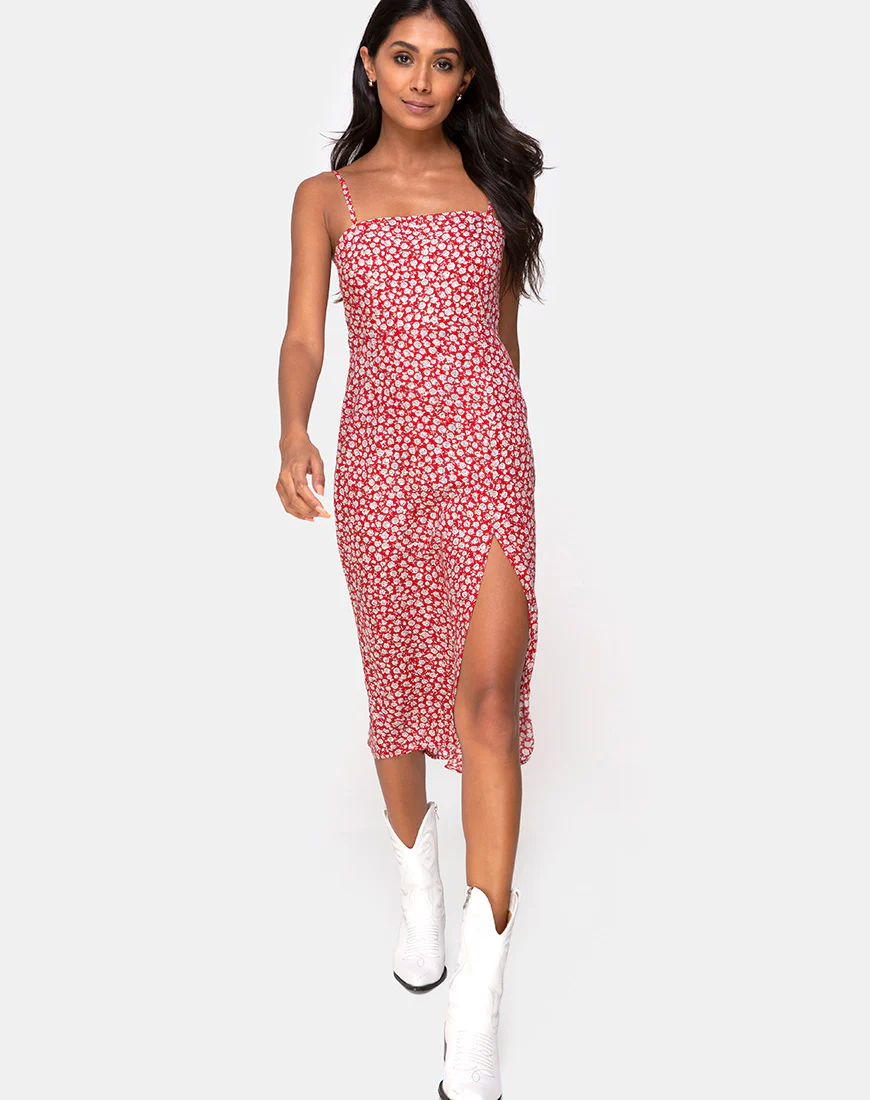 Kaoya Midi Dress in Ditsy Rose Red - Awmao