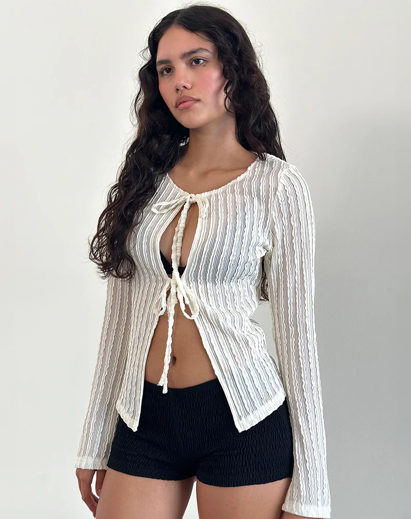 Araceli Tie Front Top in Crinkle Ecru - Awmao