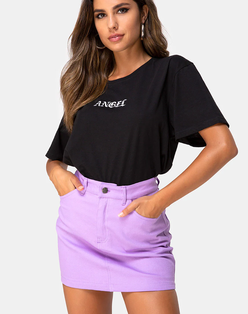 Oversize Basic Tee in Black with Angel Embro - Awmao