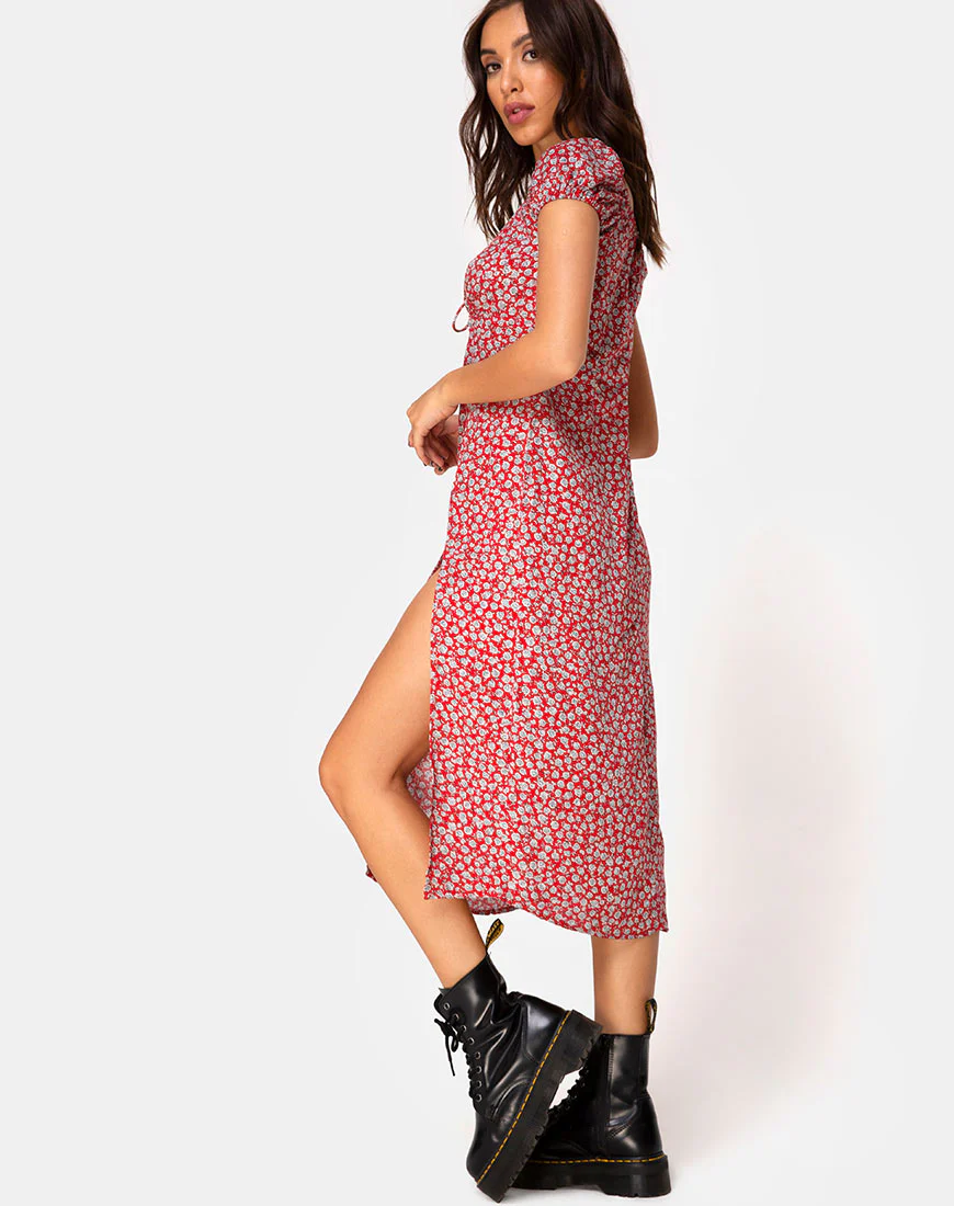 Milla Dress in Ditsy Rose Red Silver - Awmao