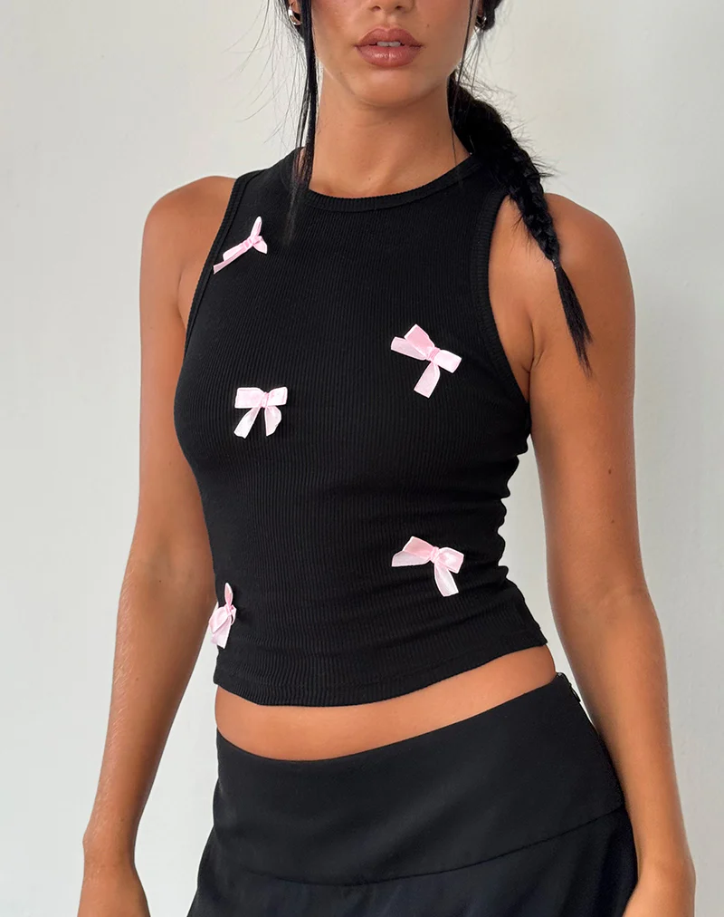 Rave Vest Top in Black with Pink Bows - Awmao