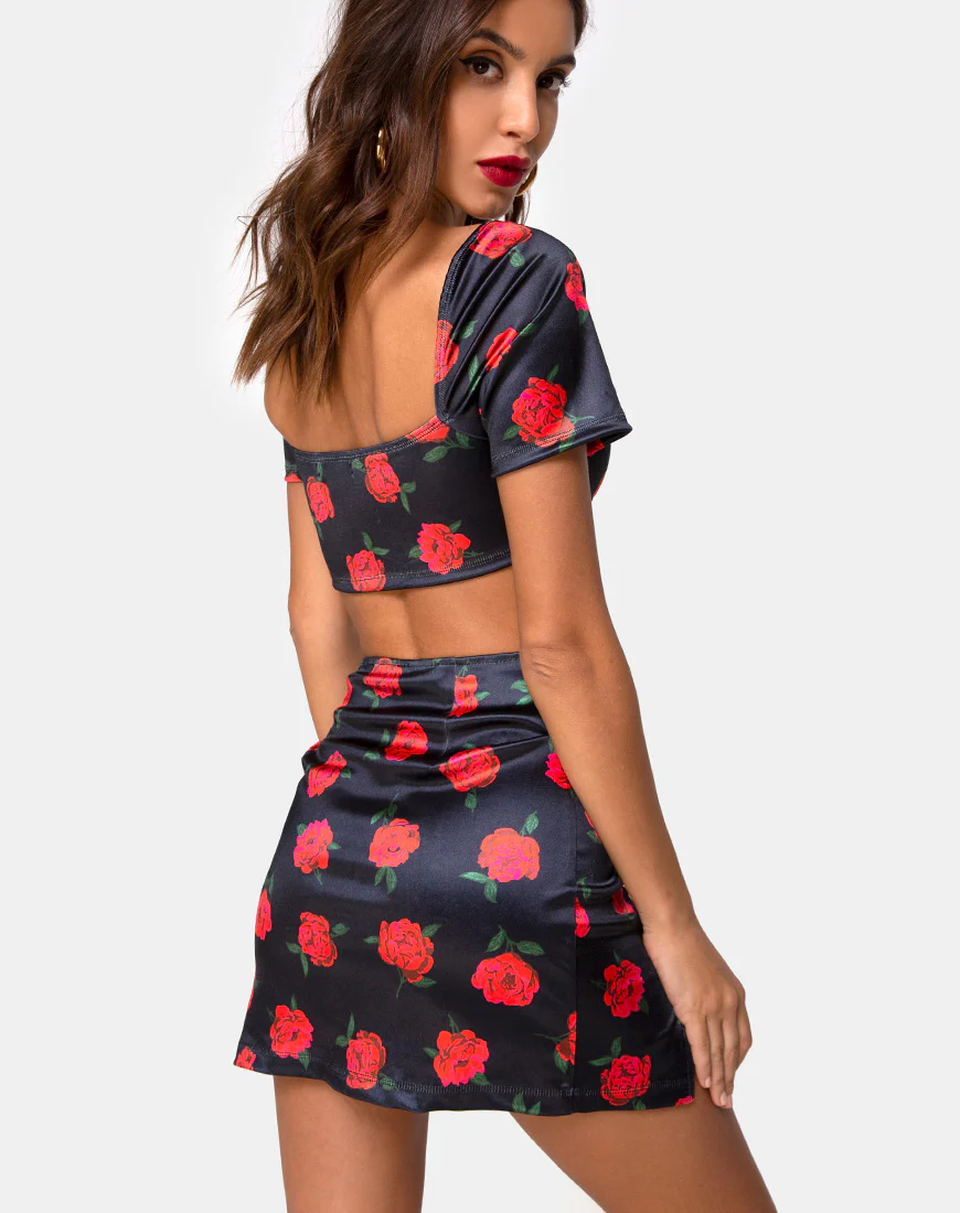 Zida Mini Skirt in Satin Stretch Last Rose Black - Awmao