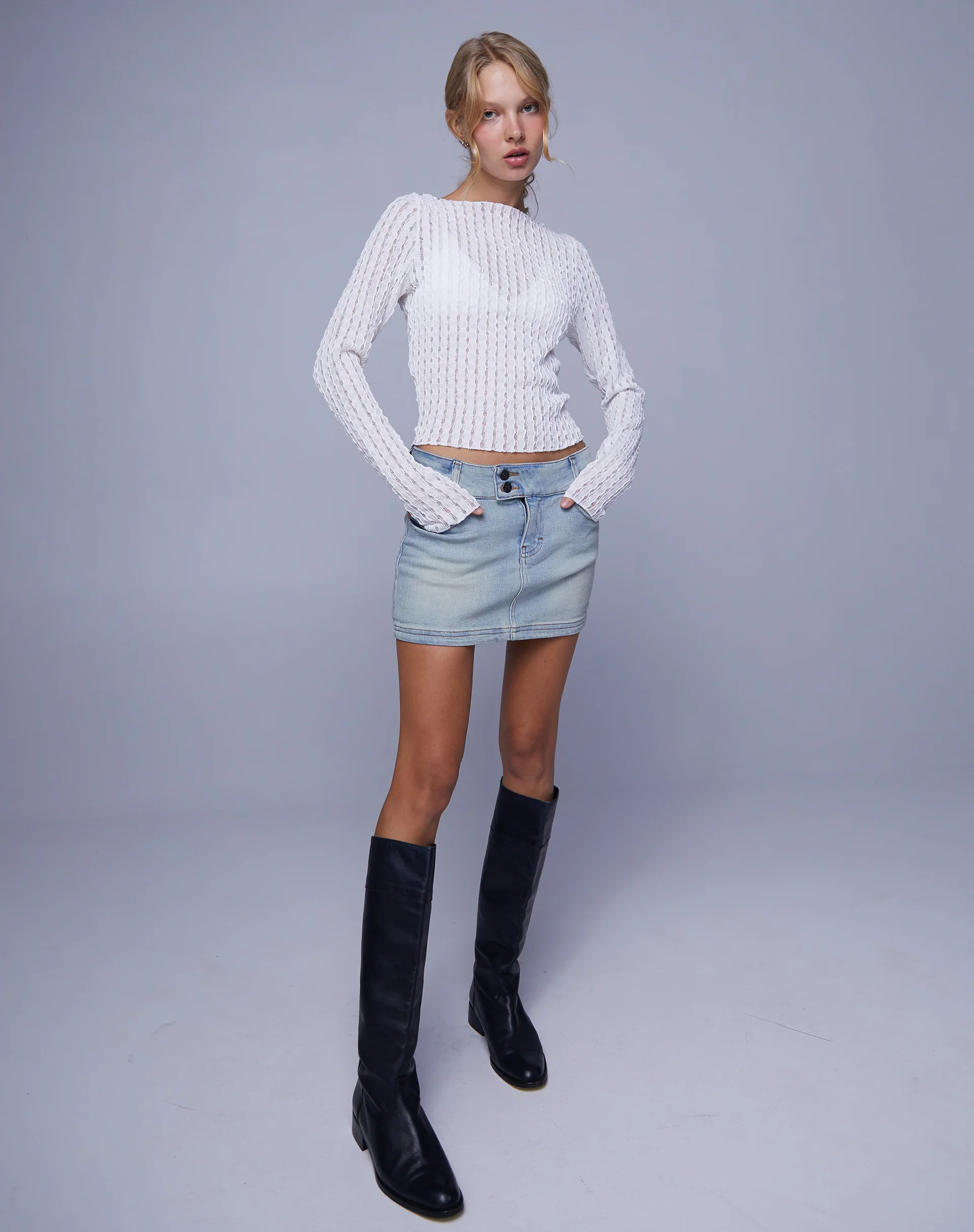 Low Rise Denim Mini Skirt in Super Bleach - Awmao