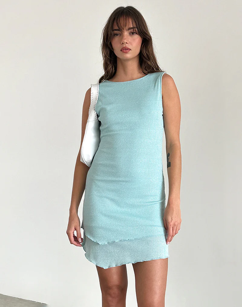 Renata Mini Dress in Light Blue Shimmer Rib - Awmao